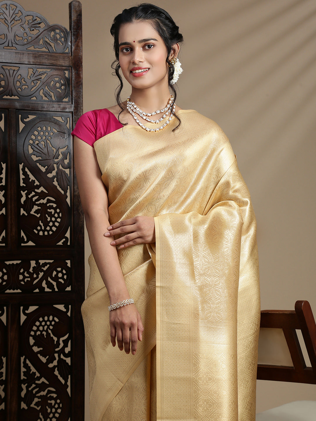 Women Golden Printed Art Silk Saree ASS110