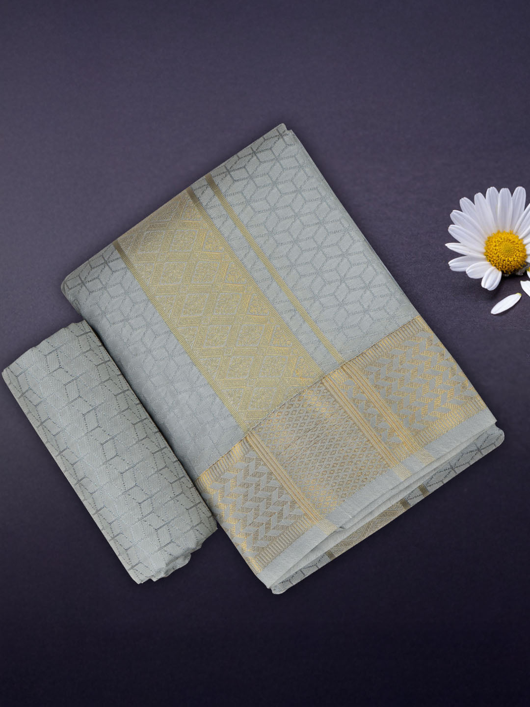 Men Art Silk Wedding Shirting Dhoti & Towel Set S.Grey Touch Tone TT23
