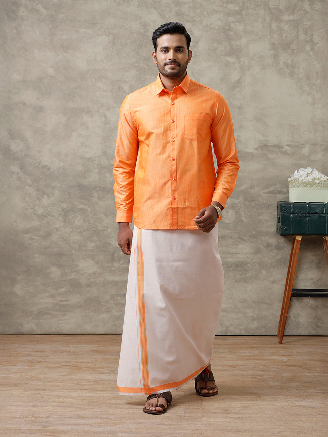 Men Cotton Blend Orange Shirt and Tissue Dhoti Set VB4