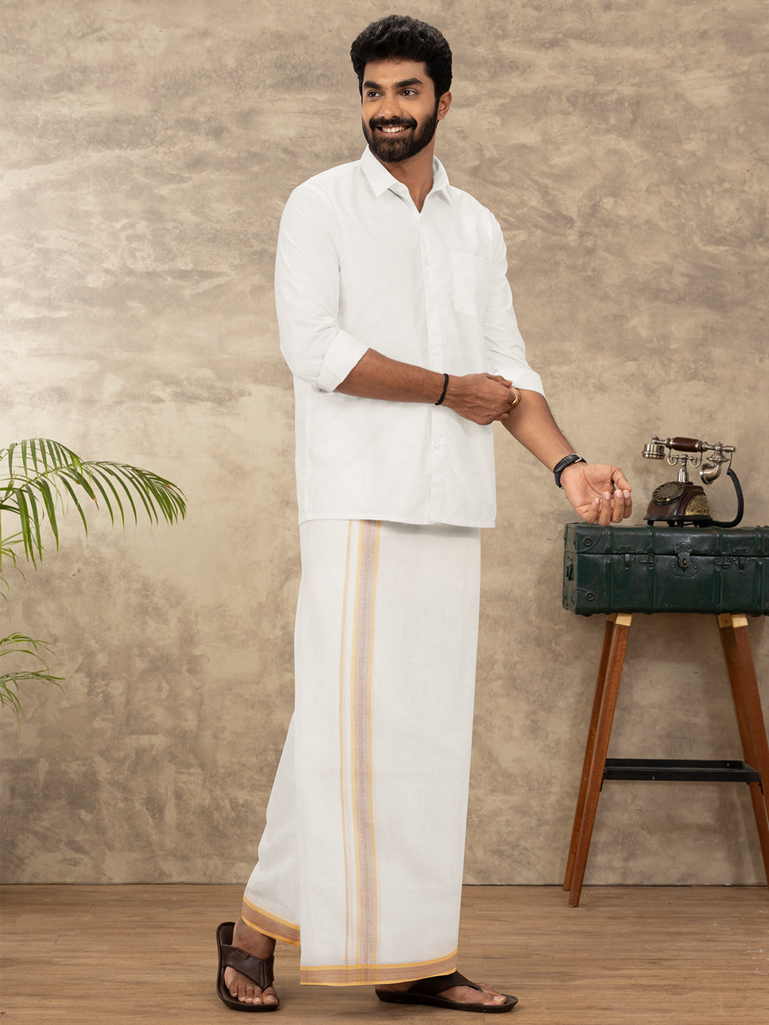 Men Kora Cotton Double Layer Dhoti with Fancy Border Rivan Kora Fancy RKF03