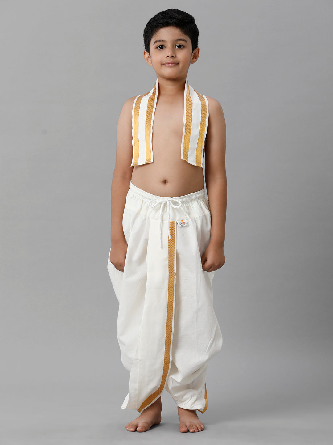 Boys Cotton Cream Elastic Panchakacham Towel Combo
