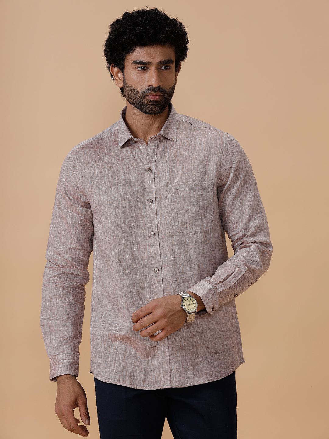 Men Pure Linen Woody Brown Shirt L49