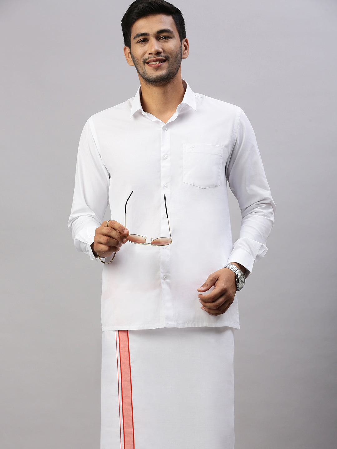 Men Cotton Blend Single Layer White Dhoti with Fancy Border WP17