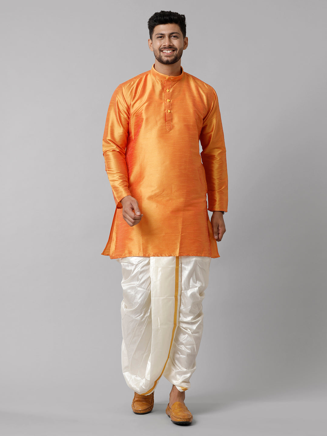 Mens Polyster Orange Medium Length Kurta with Art Silk Panchakacham Towel Combo SL03-Full view