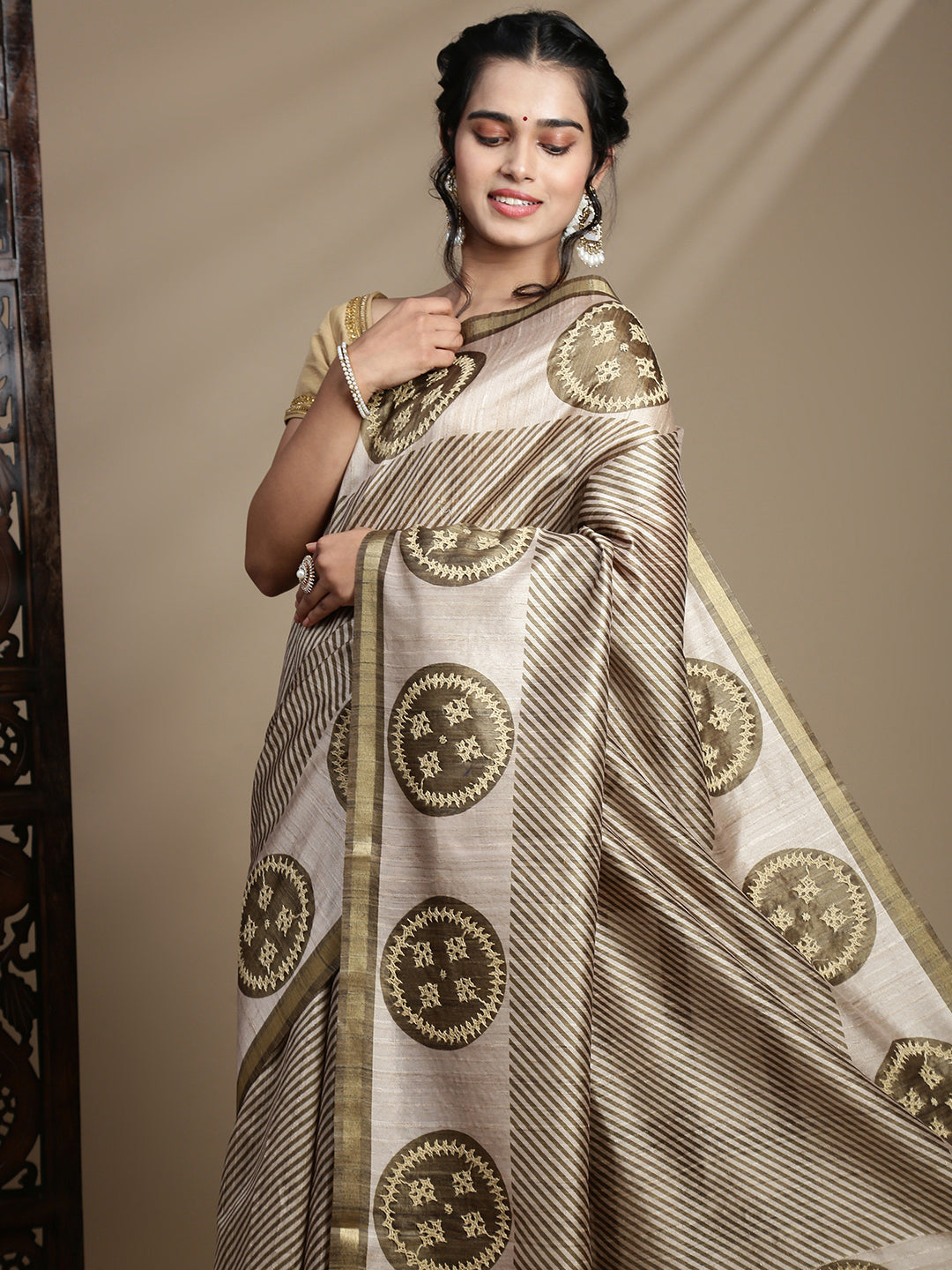 Women Green with Brown Semi Raw Silk Embroidered Saree SRS112