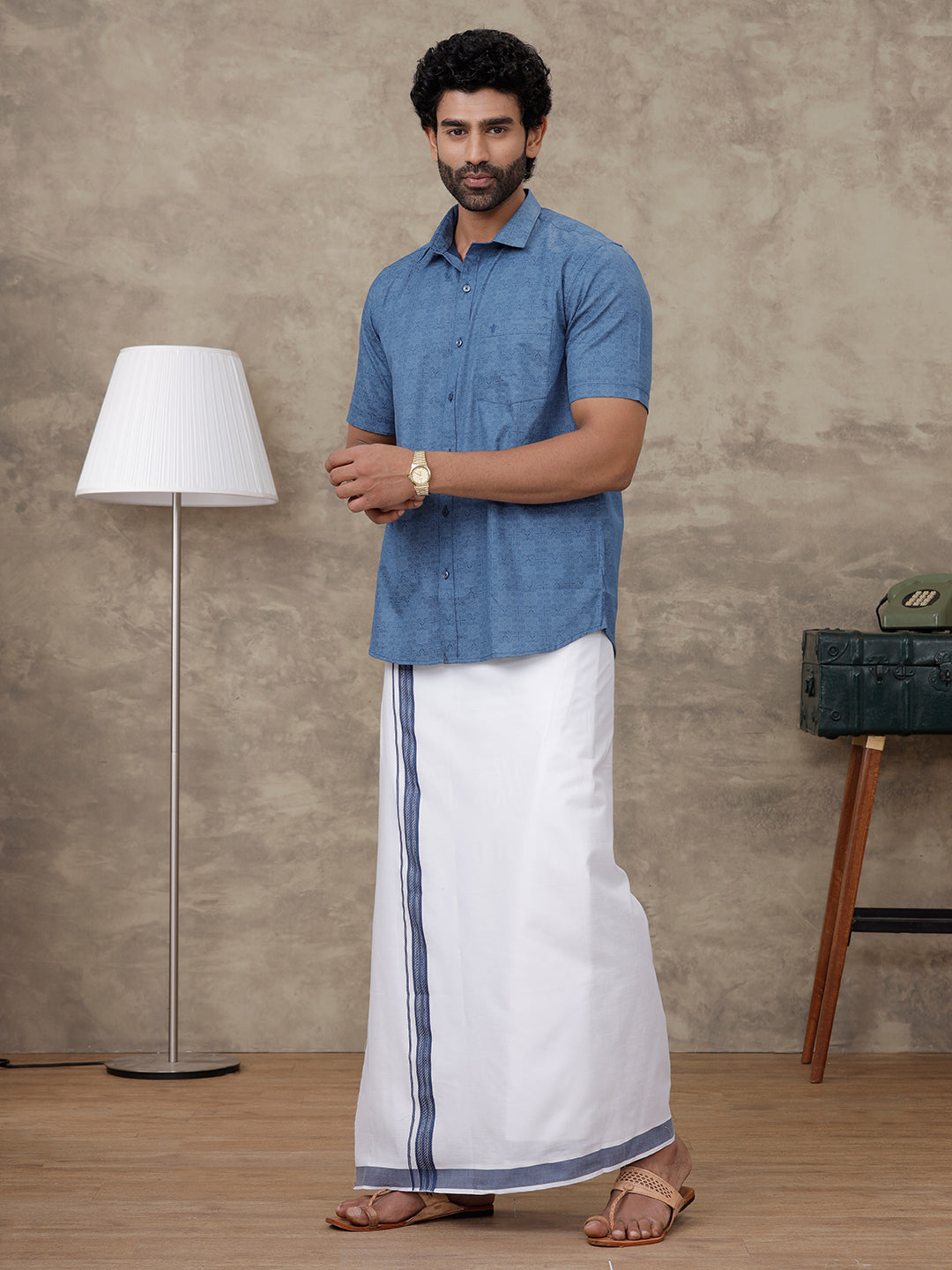 Men Oxford Blue Matching Border Dhoti with Printed Shirt Set Fusion PS7