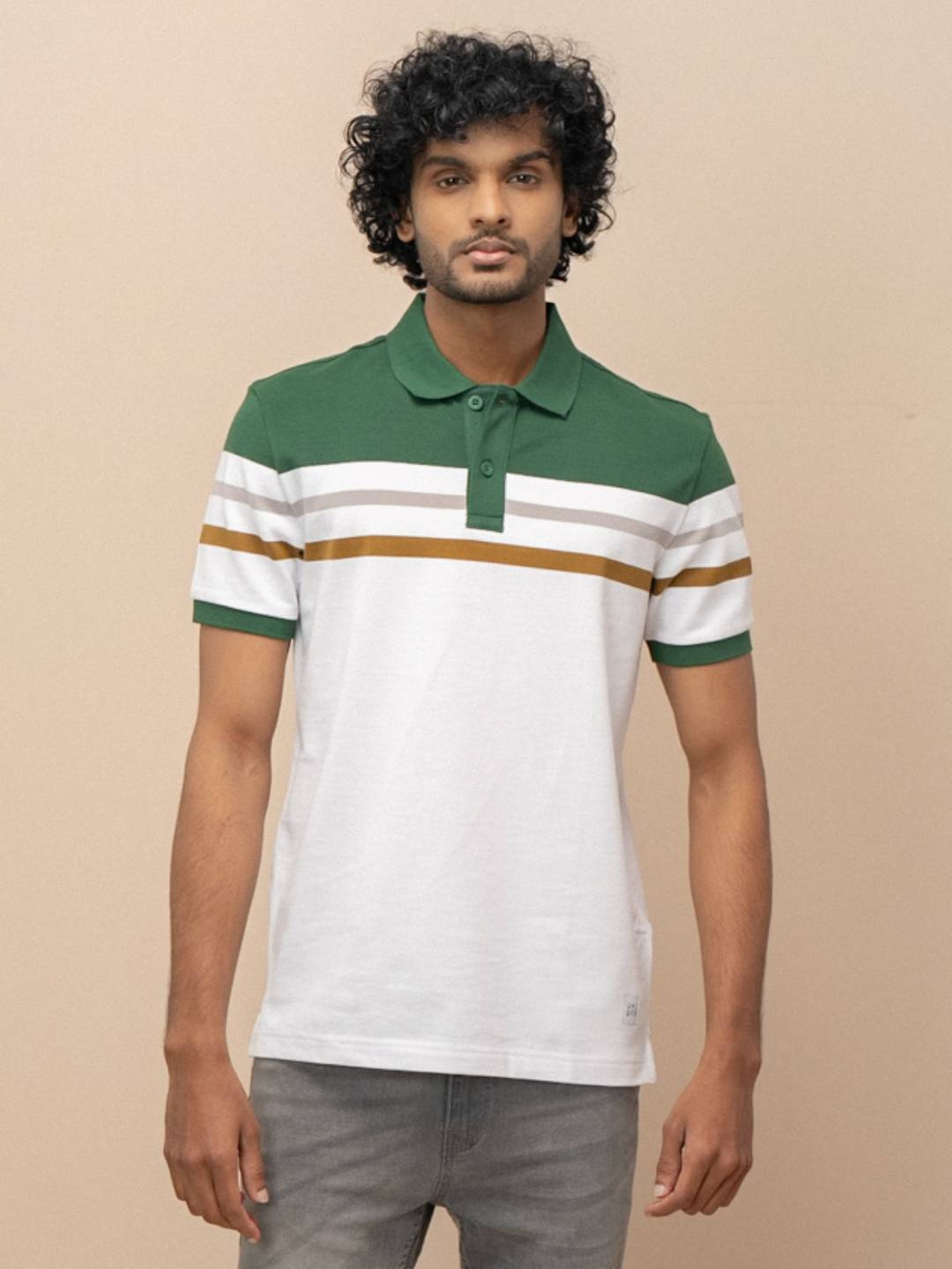 Men Combed Cotton Rich Smart Fit Engineered Polo T-Shirt Green with White EN15