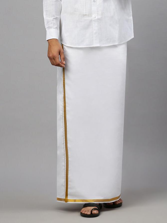 Men Cotton Blend Readymade Double Layer White Dhoti with Gold Jari Border