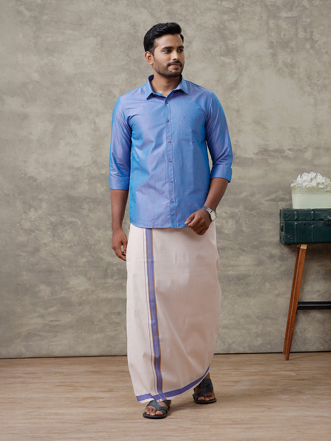 Men Cotton Blend Royal Blue Shirt and Tissue Dhoti Set VB5