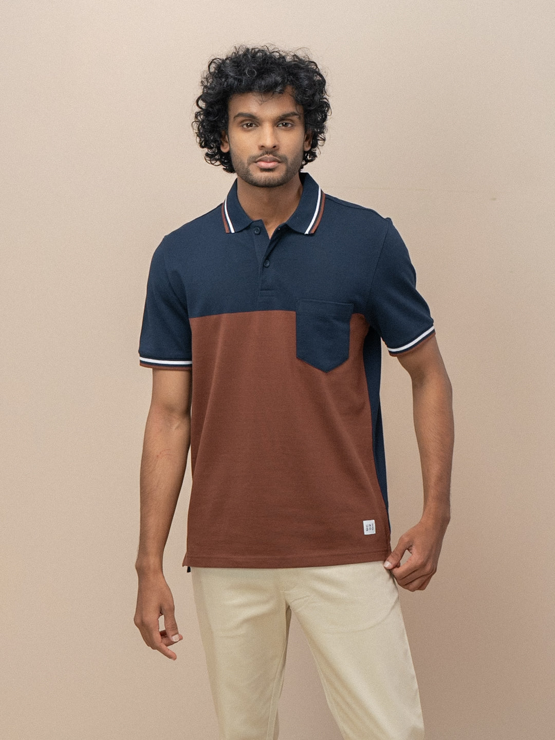 Men Smart Fit Engineered Polo T-Shirt Navy with Brown EN19