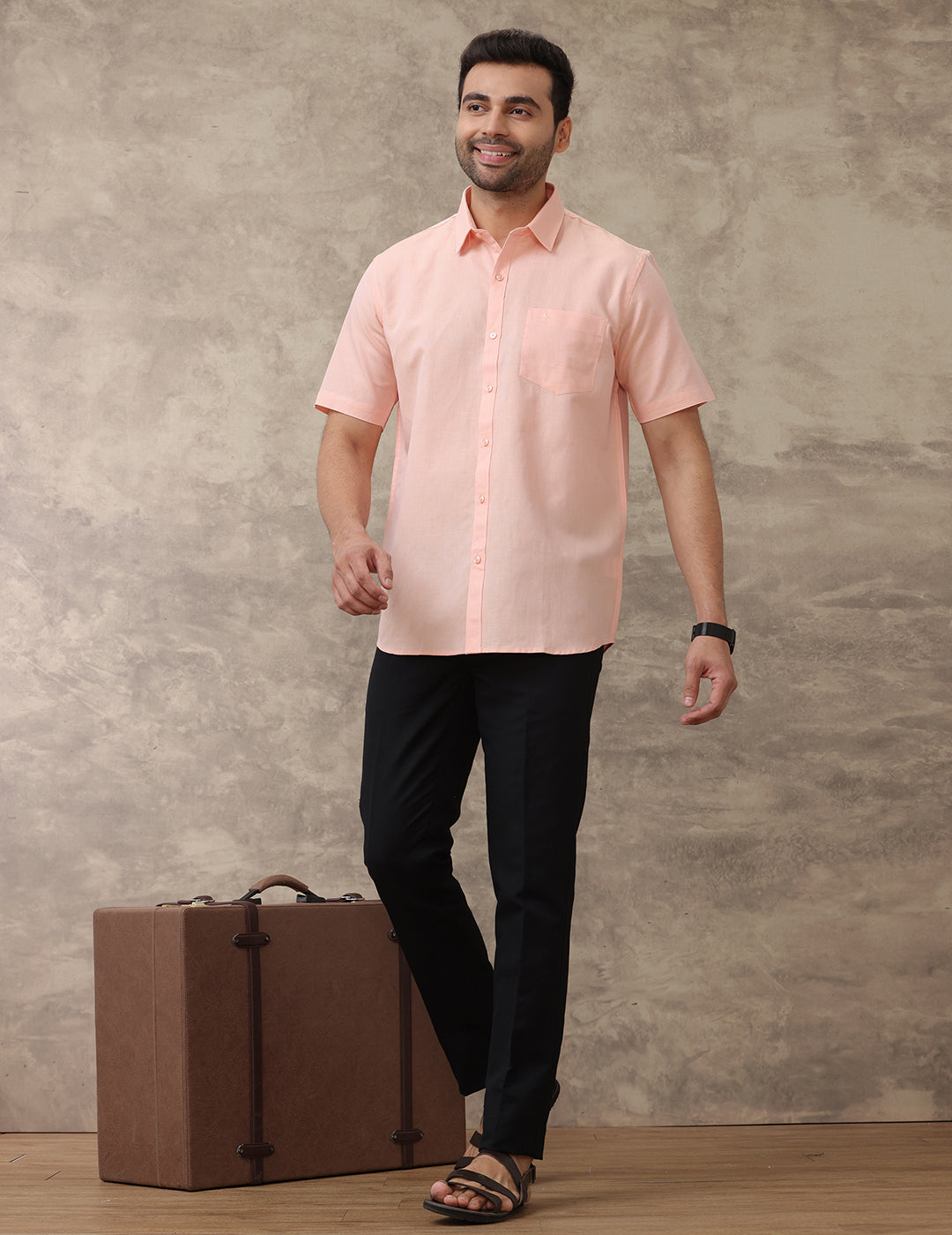 Men Linen Cotton Shirt Pinkish Orange LF16