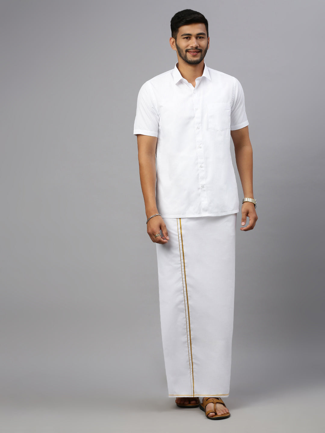 Men 100% Cotton Single Layer White Dhoti with Gold Jari Border Riktha