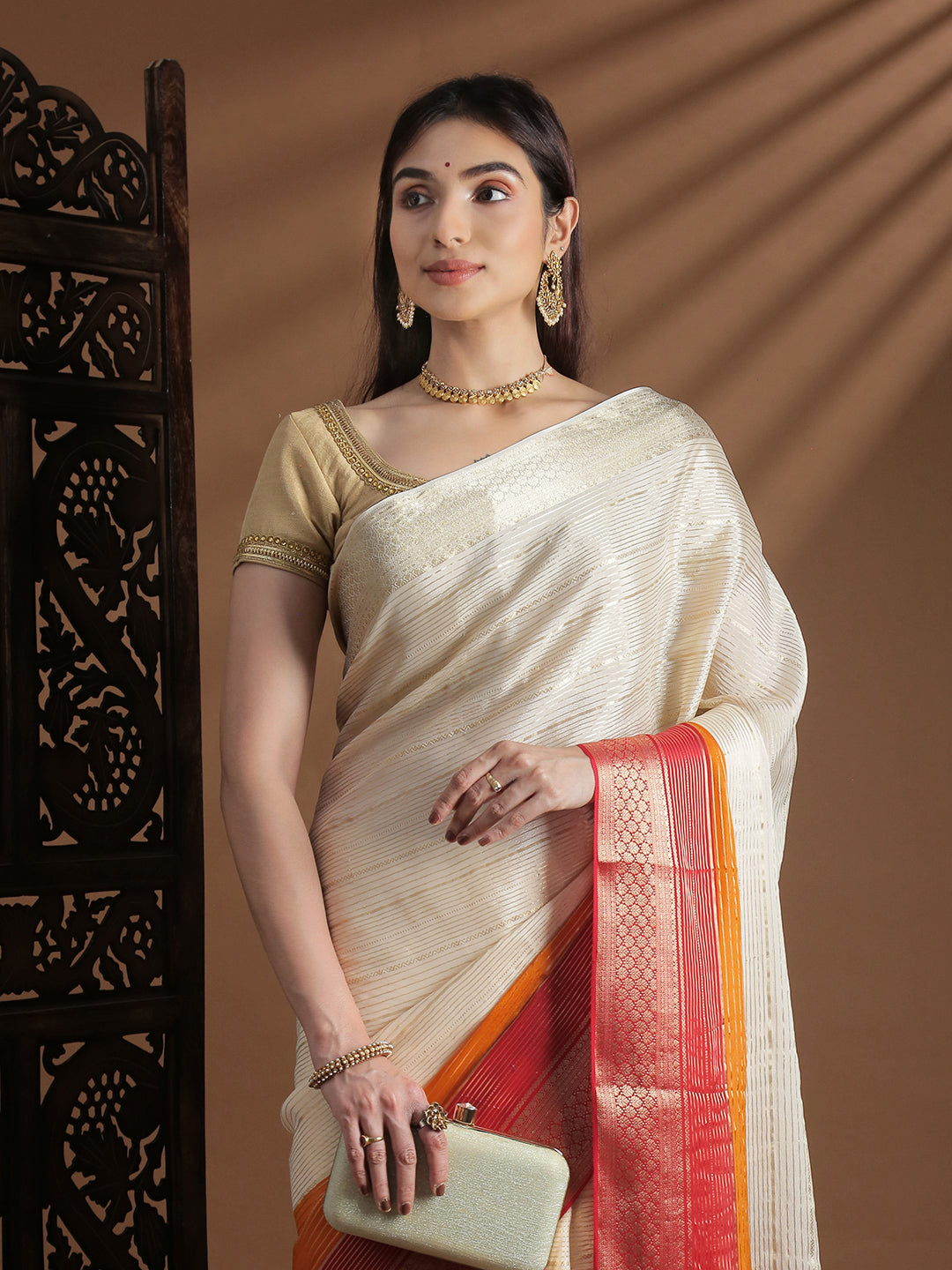 Women Semi Mysore Silk Saree Sandal with Orange SS398