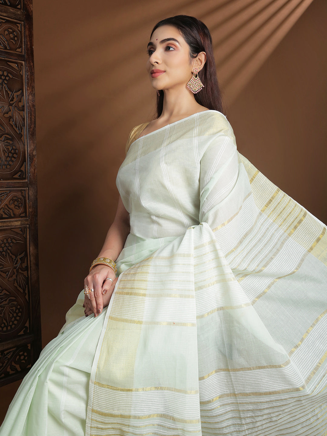 Women Pista Green Striped Cotton Jute Saree CJ13