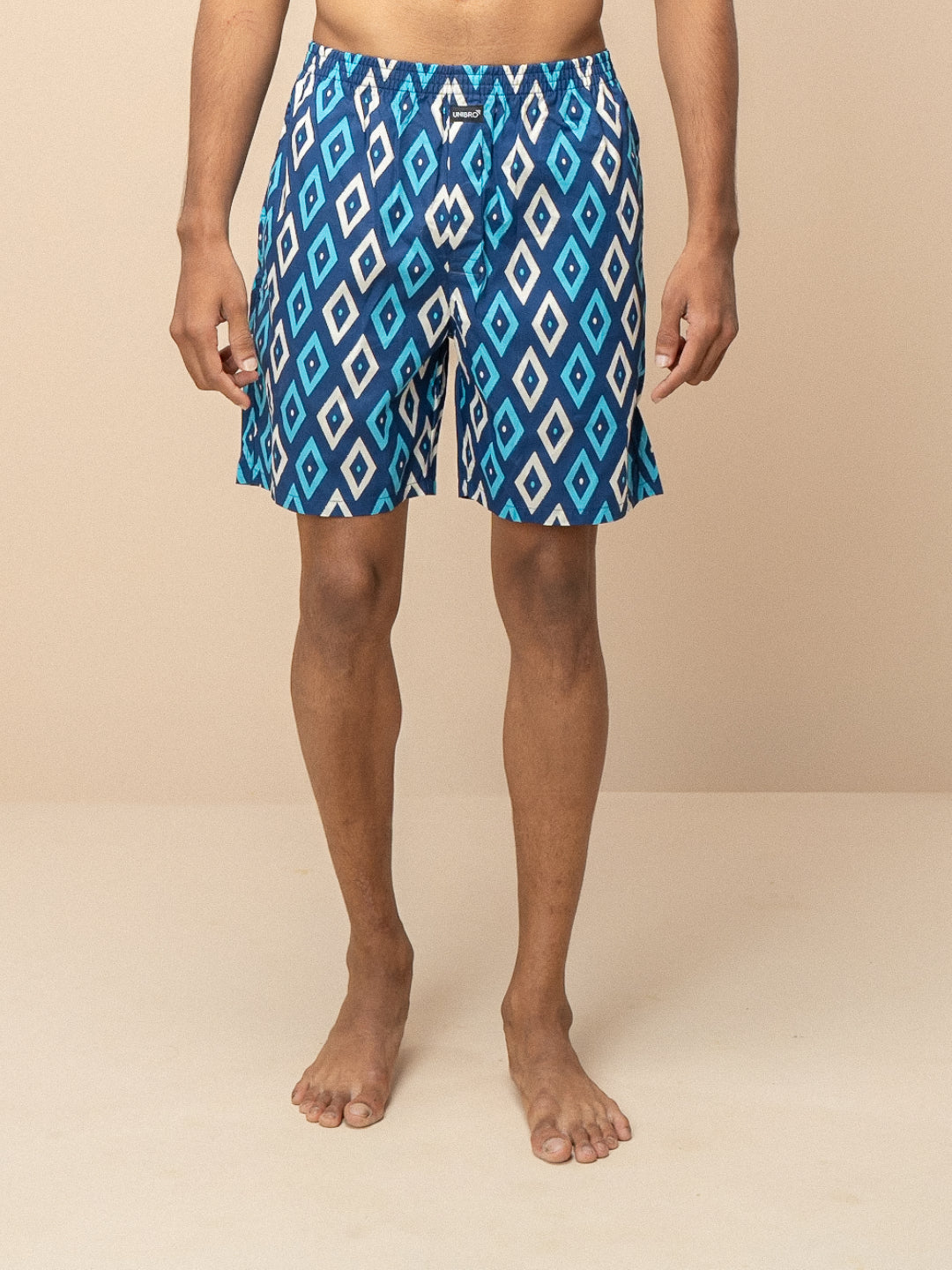 Men 100% Combed Cotton Blue Woven Printed Boxer Long Shorts WB48