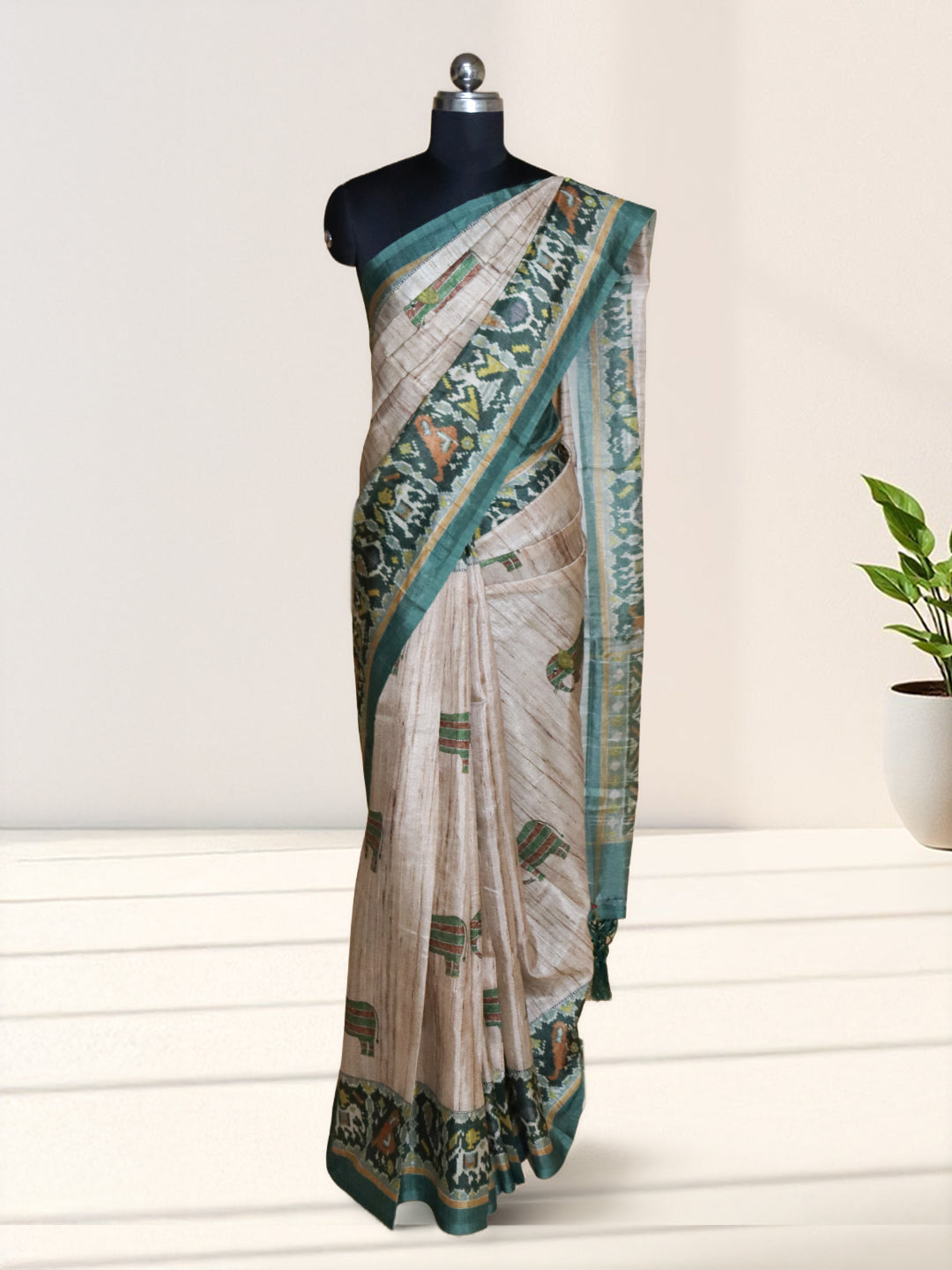 Women Brown with Green Semi Tussar Printed Saree ST309