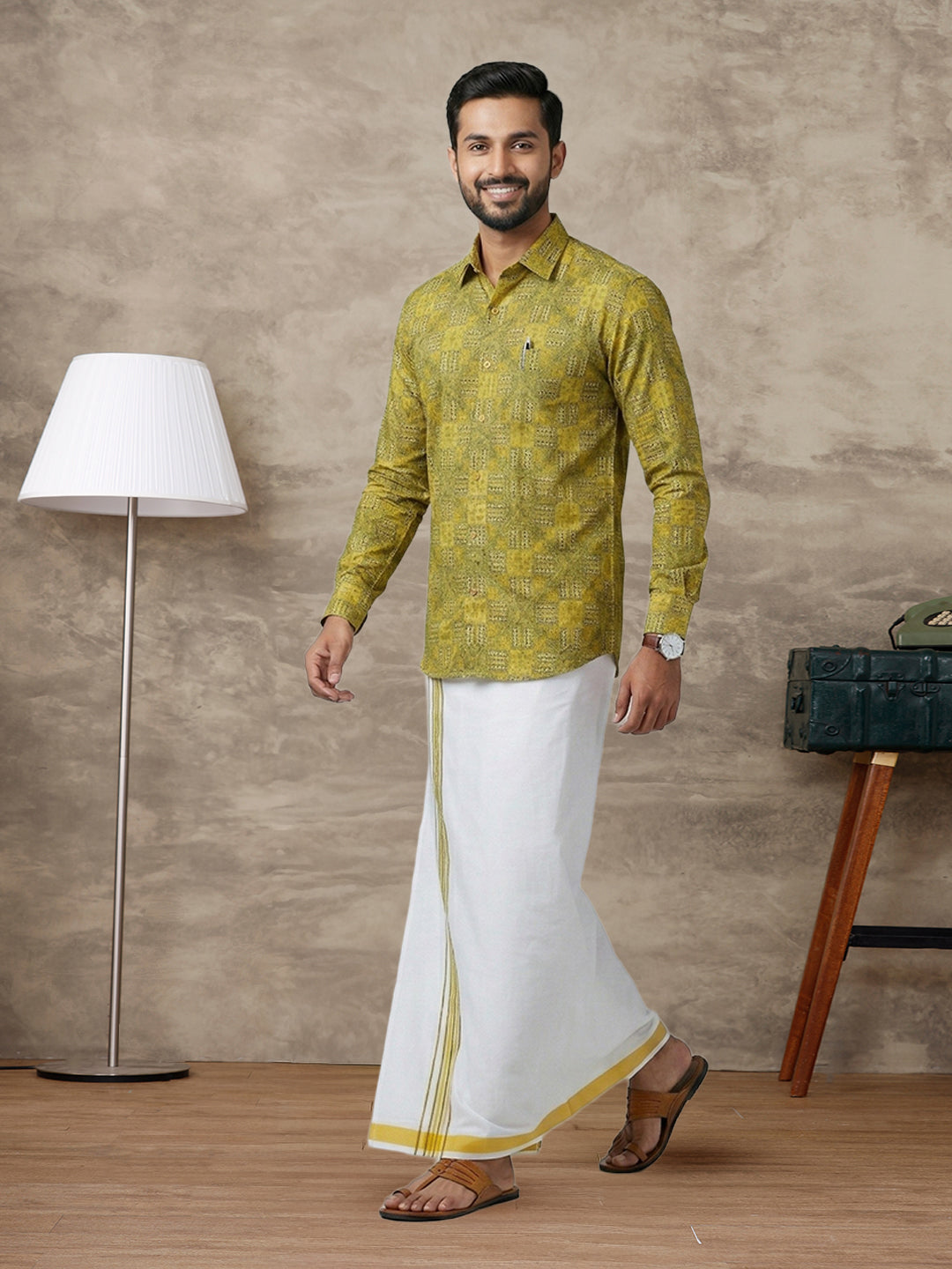 Like Father Like Son Matching Border Dhoti with Printed Shirt Combo Set Lemon Yellow PS29