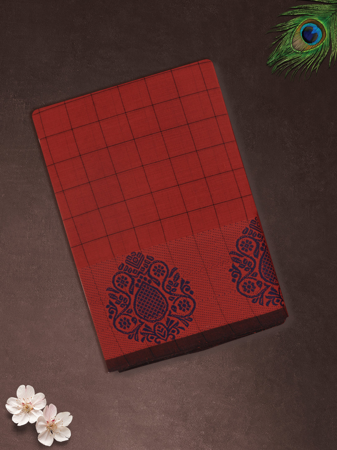 Women Red Checks Pure Chettinad Cotton Saree PCS234