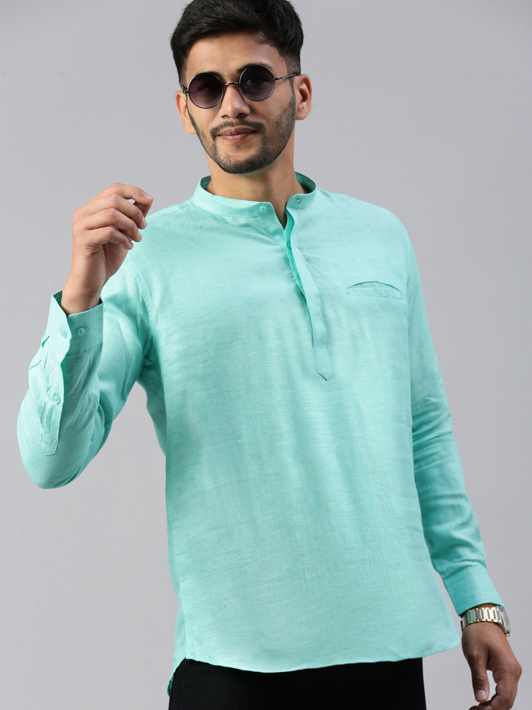 Men Linen Short Length Plain Pocket Kurta Blue M16