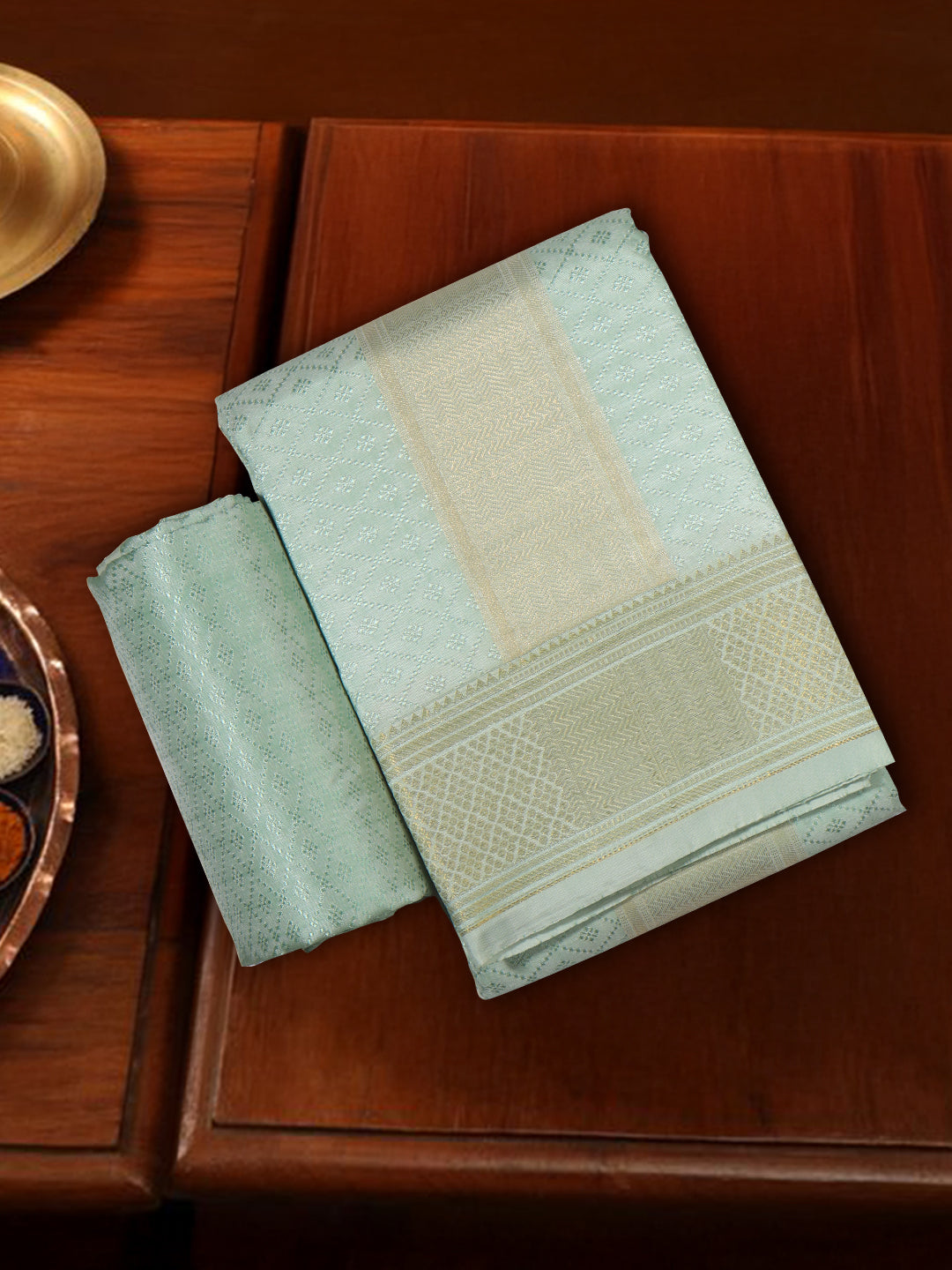 Men Art Silk Wedding Shirting Dhoti & Towel Set Pista Green Touch Tone TT24