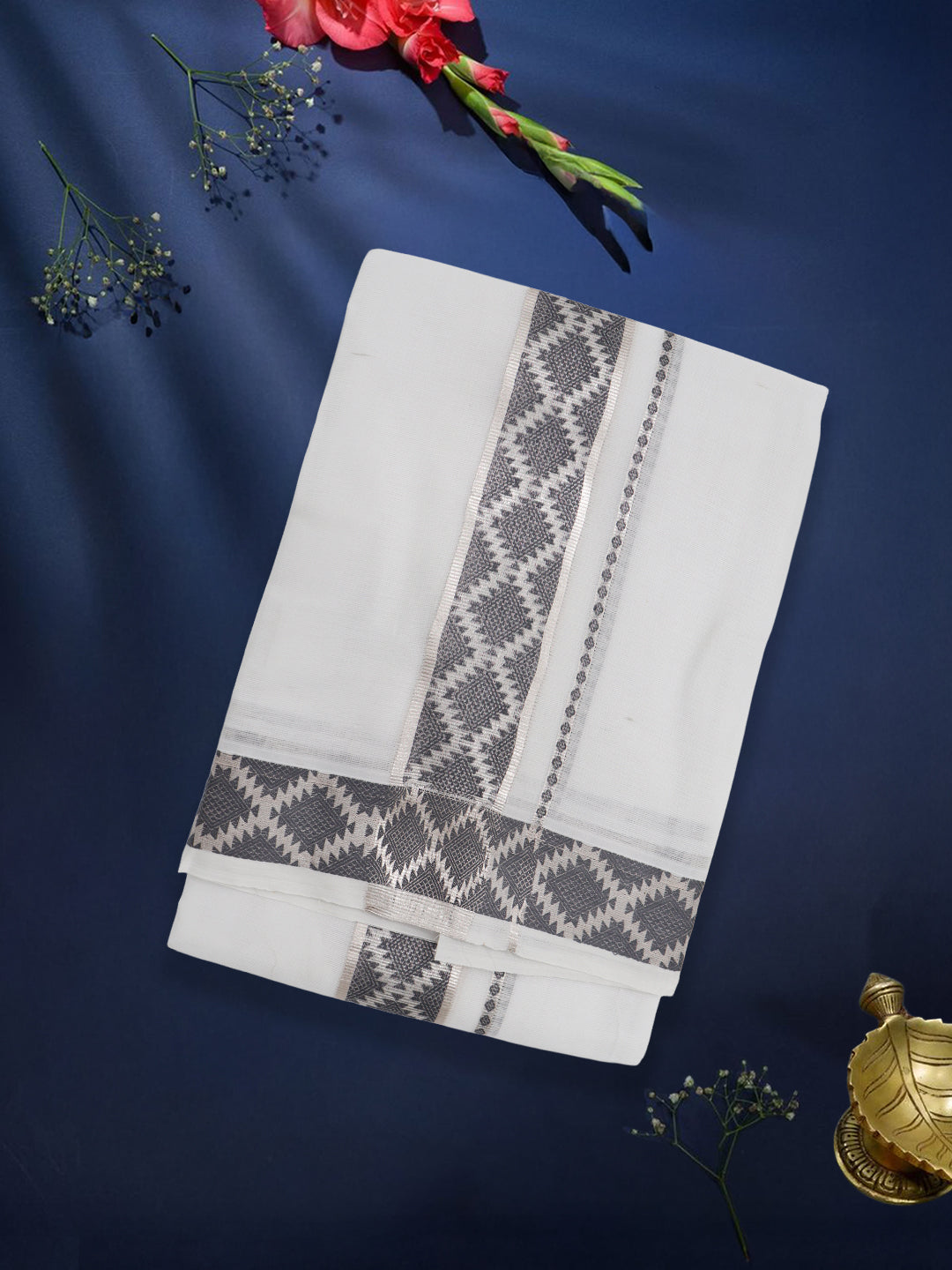 Men Premium Cotton Double Layer White Dhoti with Fancy Jari Border LC27