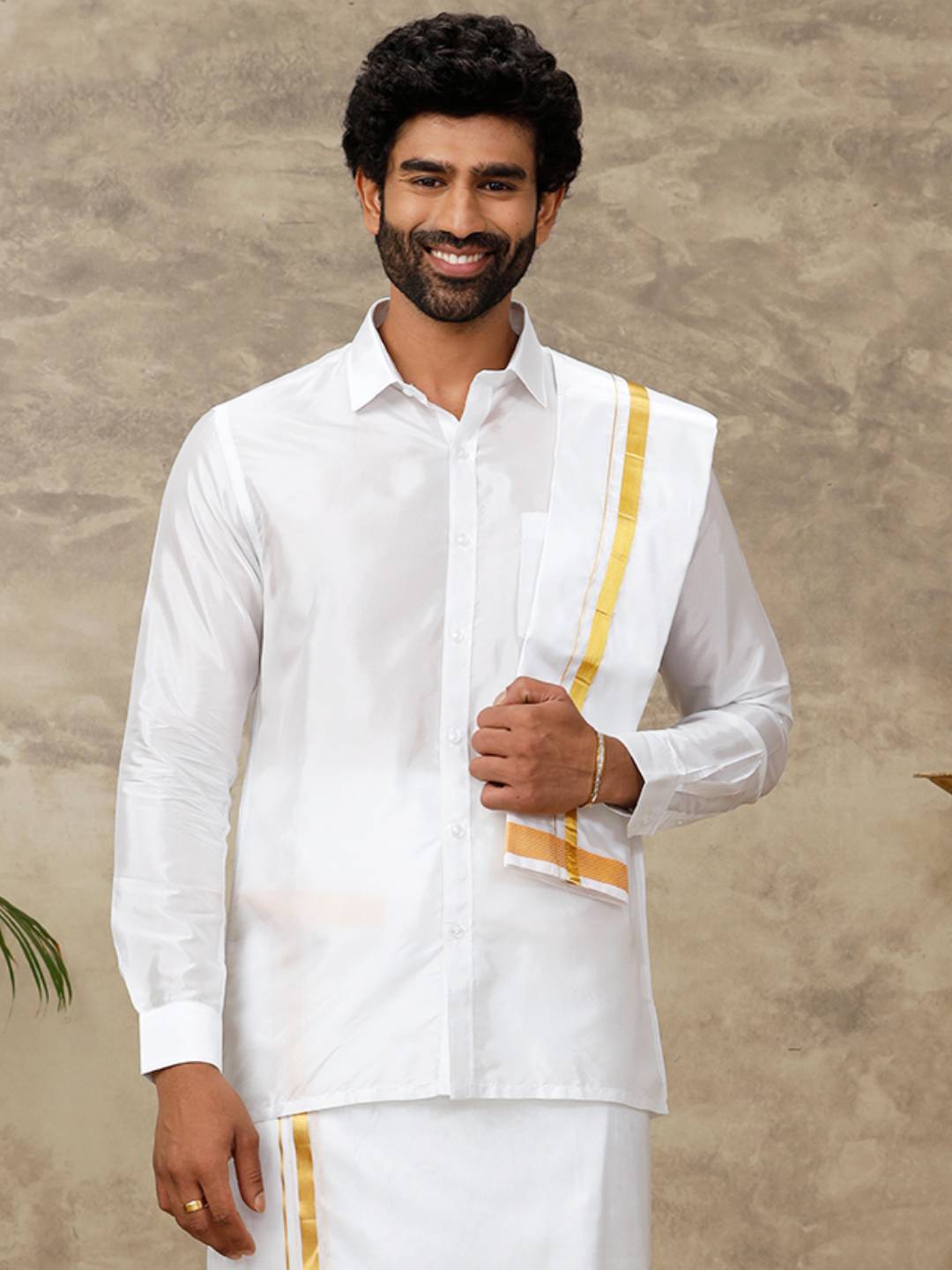 Men Silk White Towel with Gold Jari Border Suba Vivaga 40K