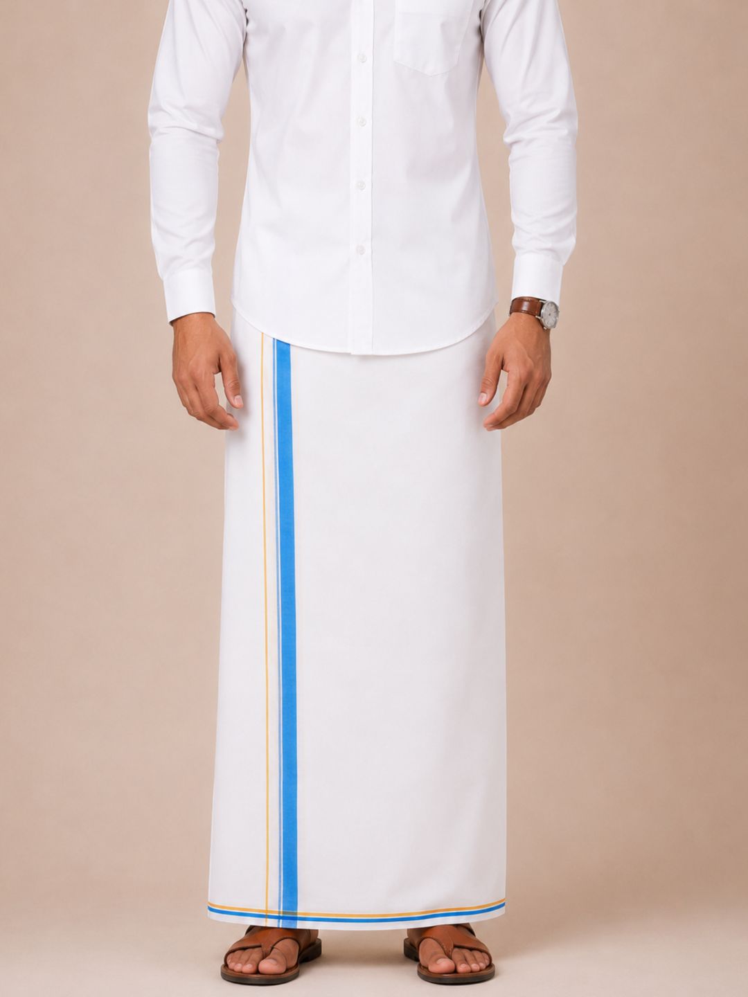 Men 100% Cotton Double Layer White Dhoti with Big Border Property PT04