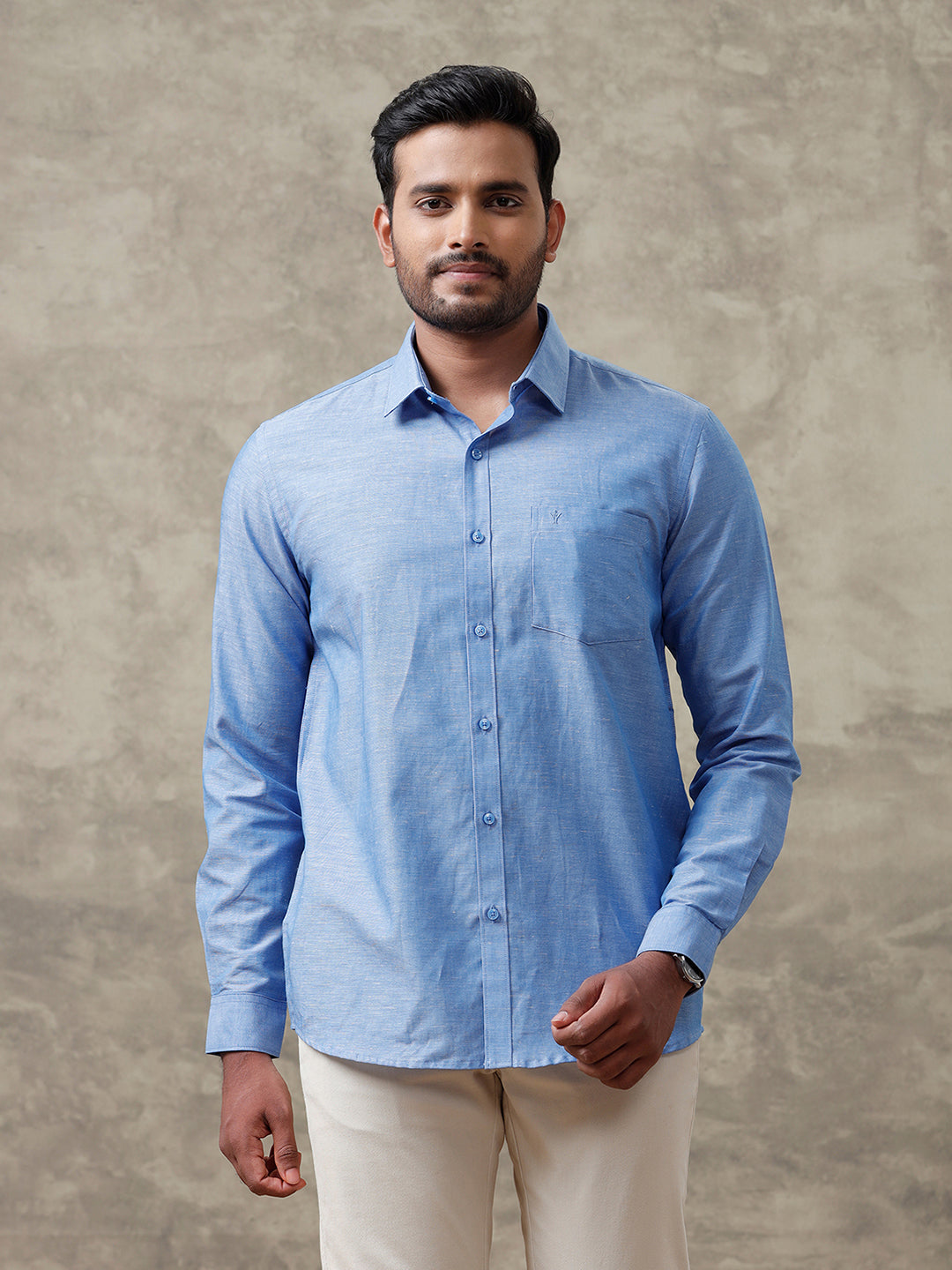 Men Linen Cotton Shirt Blue LF4