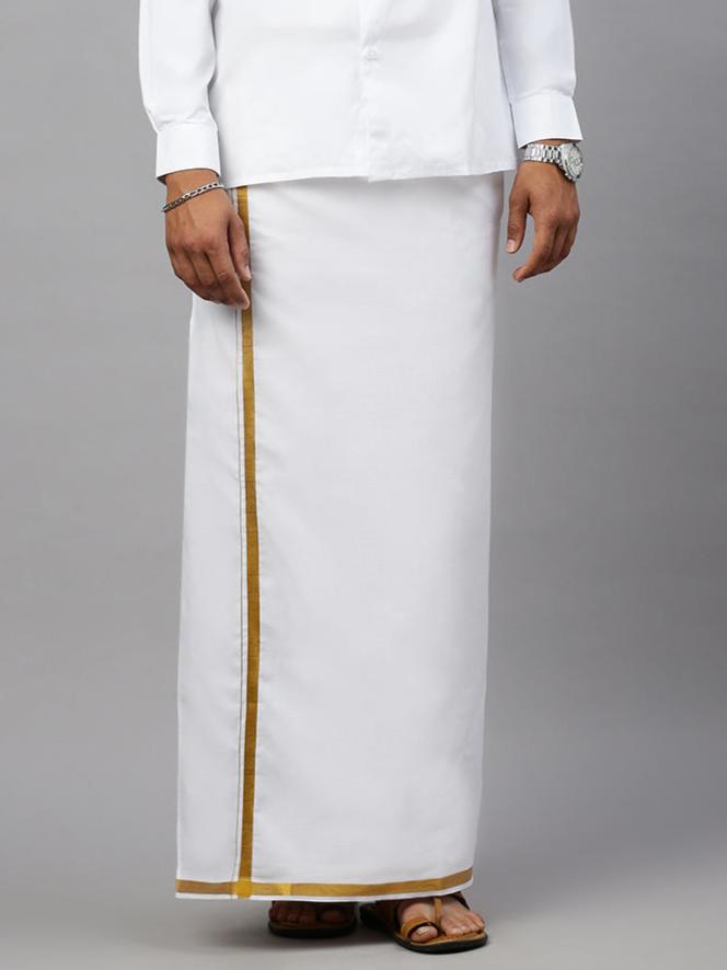Men Cotton Blend Readymade Double Layer White Dhoti with Gold Jari Border