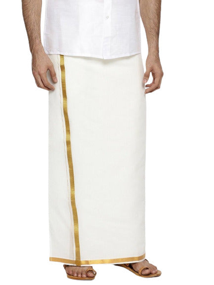 Mens 100% Cotton Single Cream Dhoti with Gold Jari Border 3/4" Galaxy