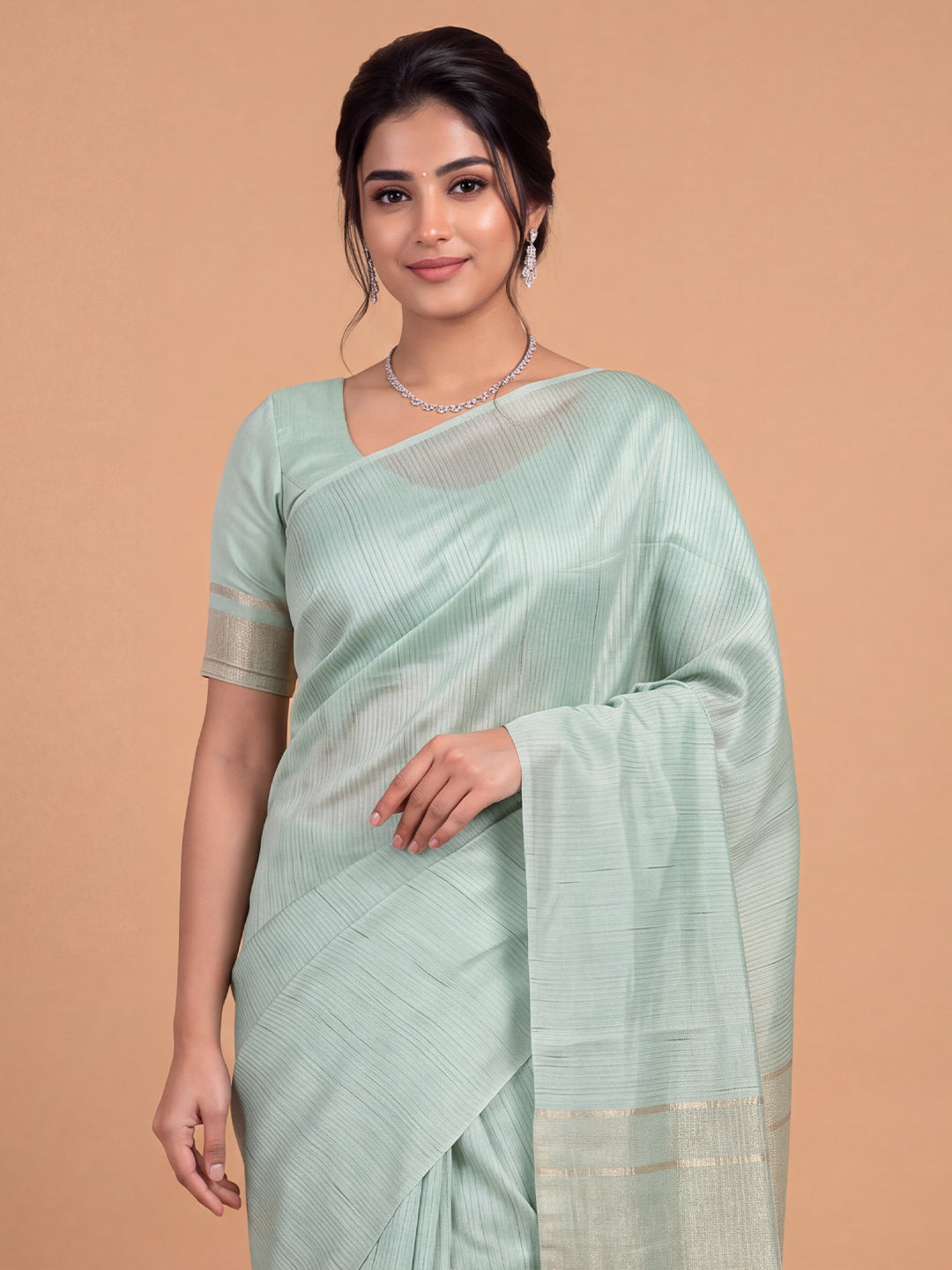Women Semi Tussar Green Striped Saree ST364
