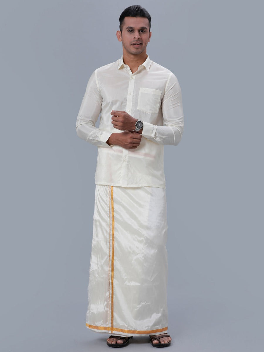 Mens Art Silk Cream Double Dhoti with Gold Jari Border Kara Yoga 80k-Full view