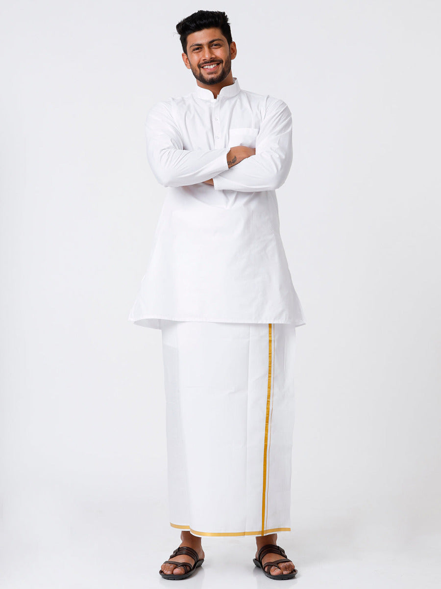 Mens Cotton Full Sleeve White Medium Kurta Top with Gold Jari 1/2" Dhoti Combo-Fullview