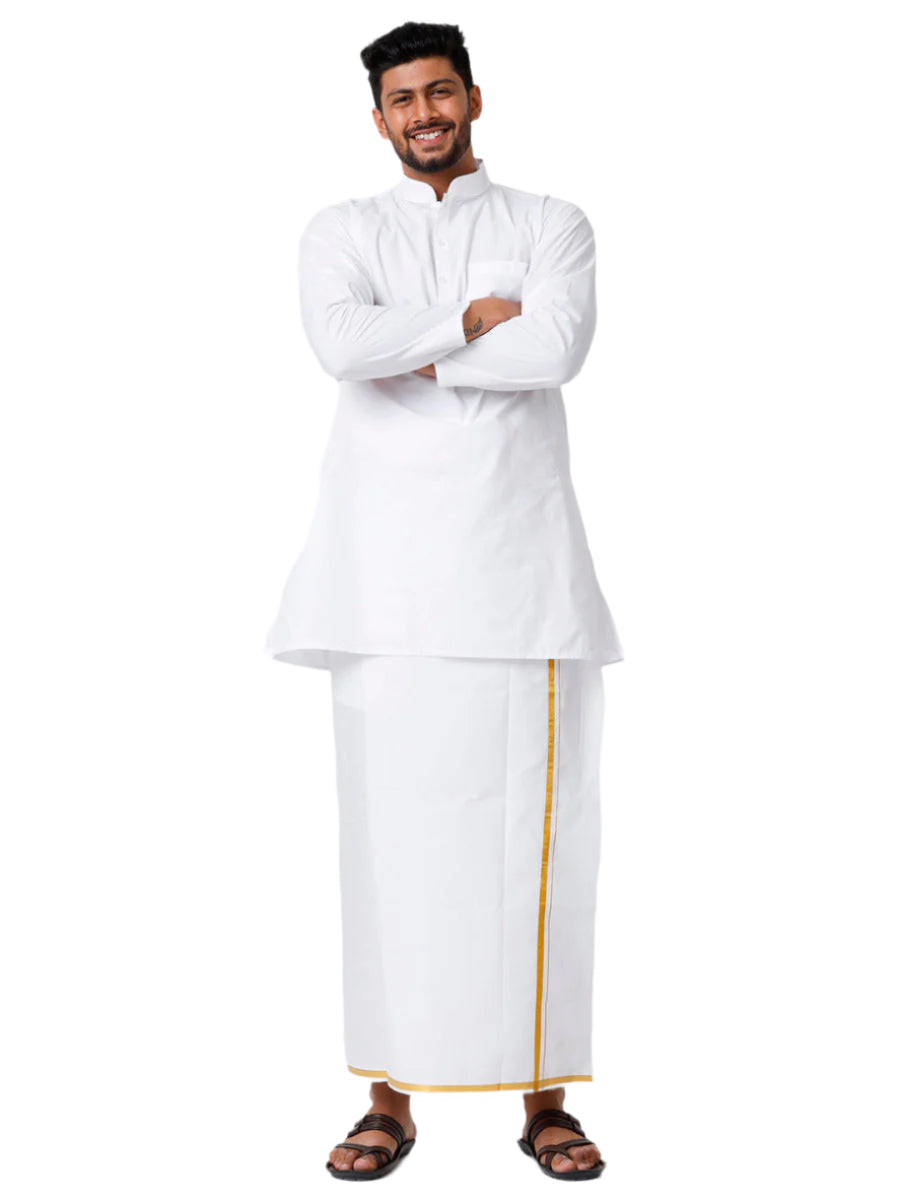 Mens Cotton Full Sleeve White Medium Kurta Top with Gold Jari 1/2" Dhoti Combo-Fullview
