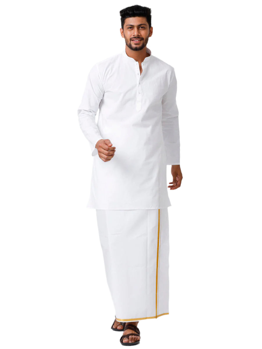 Mens Cotton Full Sleeve White Medium Kurta with 1/2" Gold Jari Dhoti Combo