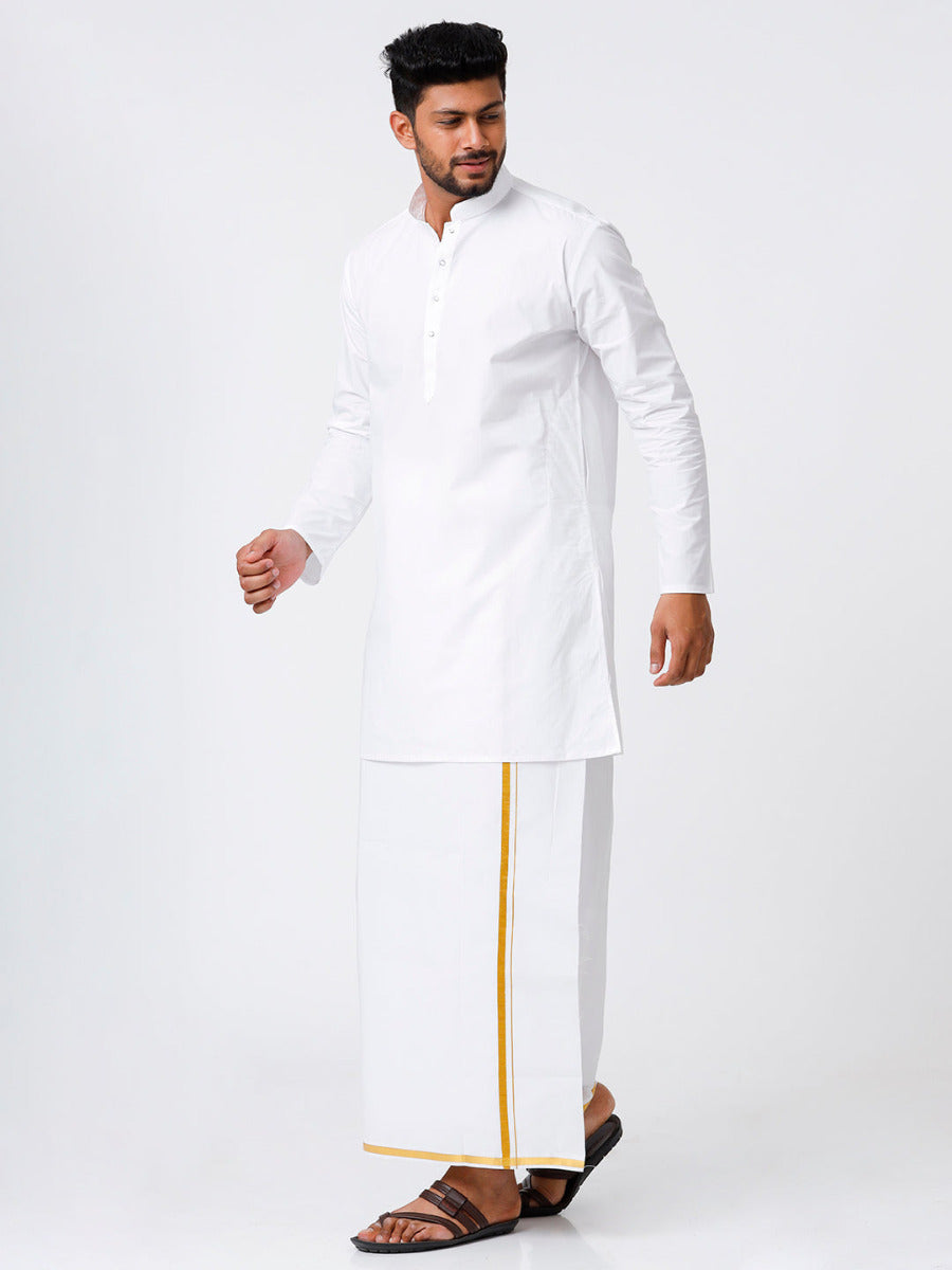 Mens Cotton Full Sleeve White Medium Kurta with 1/2" Gold Jari Dhoti Combo-Side view