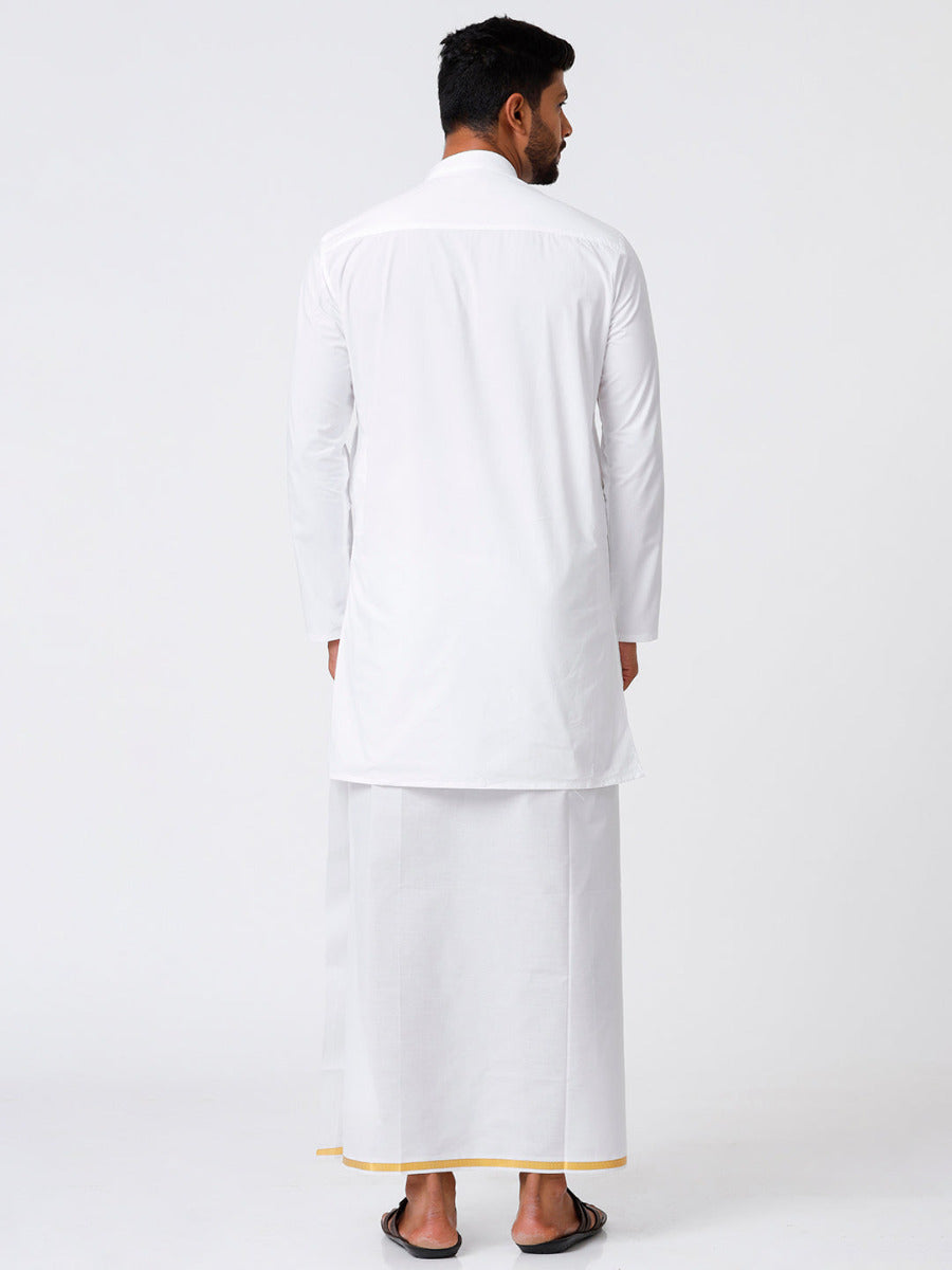 Mens Cotton Full Sleeve White Medium Kurta with 1/2" Gold Jari Dhoti Combo-Back view