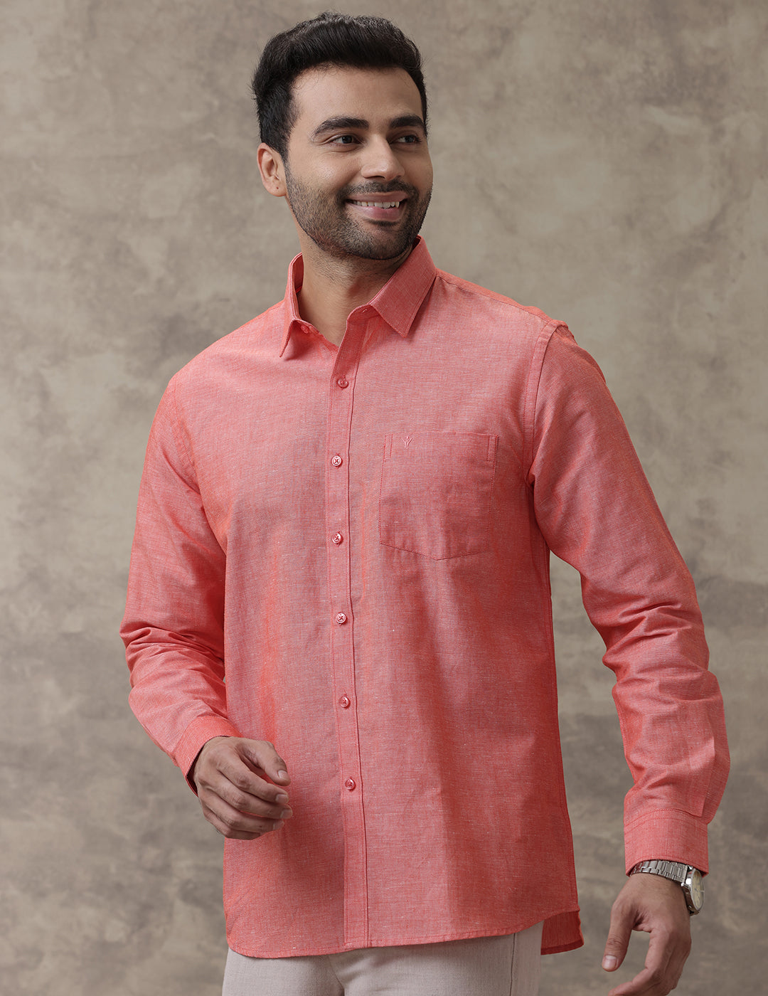 るみページ Linen Cotton Orangy Red Regular Fit Shirt LF5