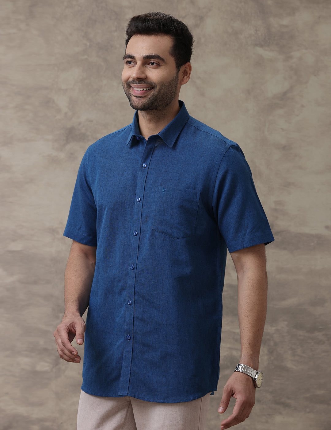Men Linen Cotton Shirt Dark Blue LF15