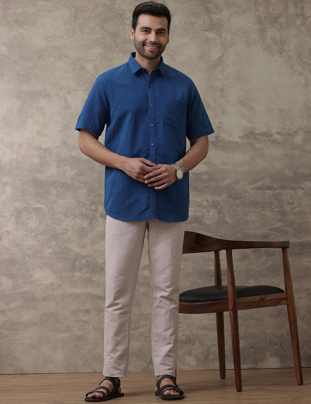 Men Linen Cotton Shirt Dark Blue LF15