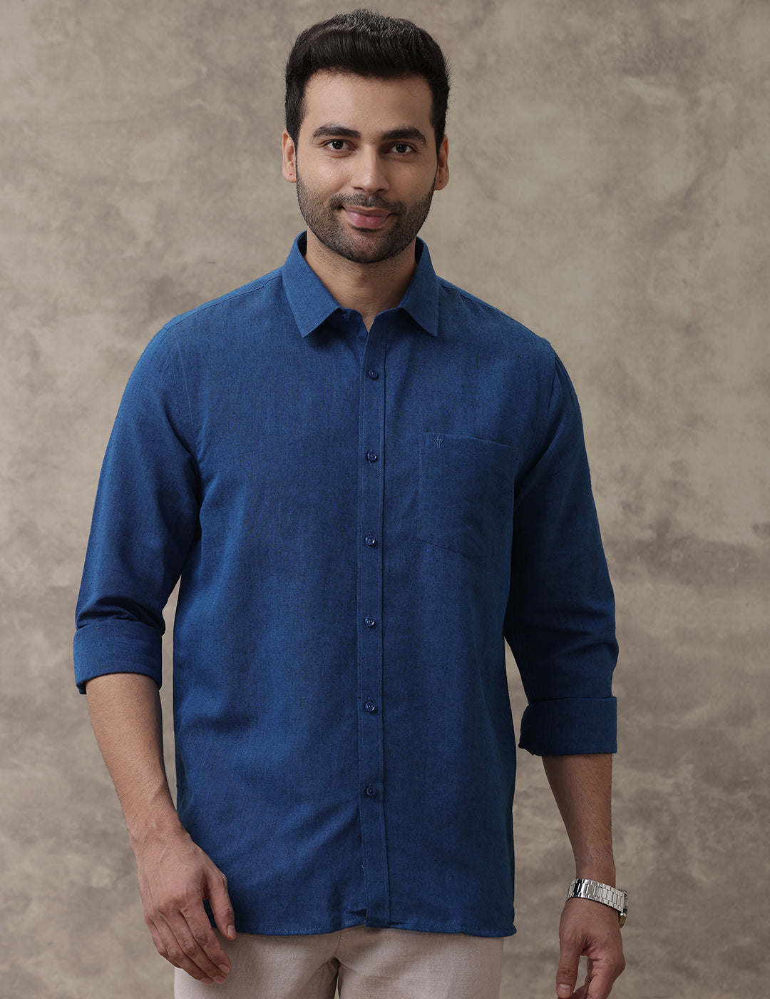 Men Linen Cotton Shirt Dark Blue LF15
