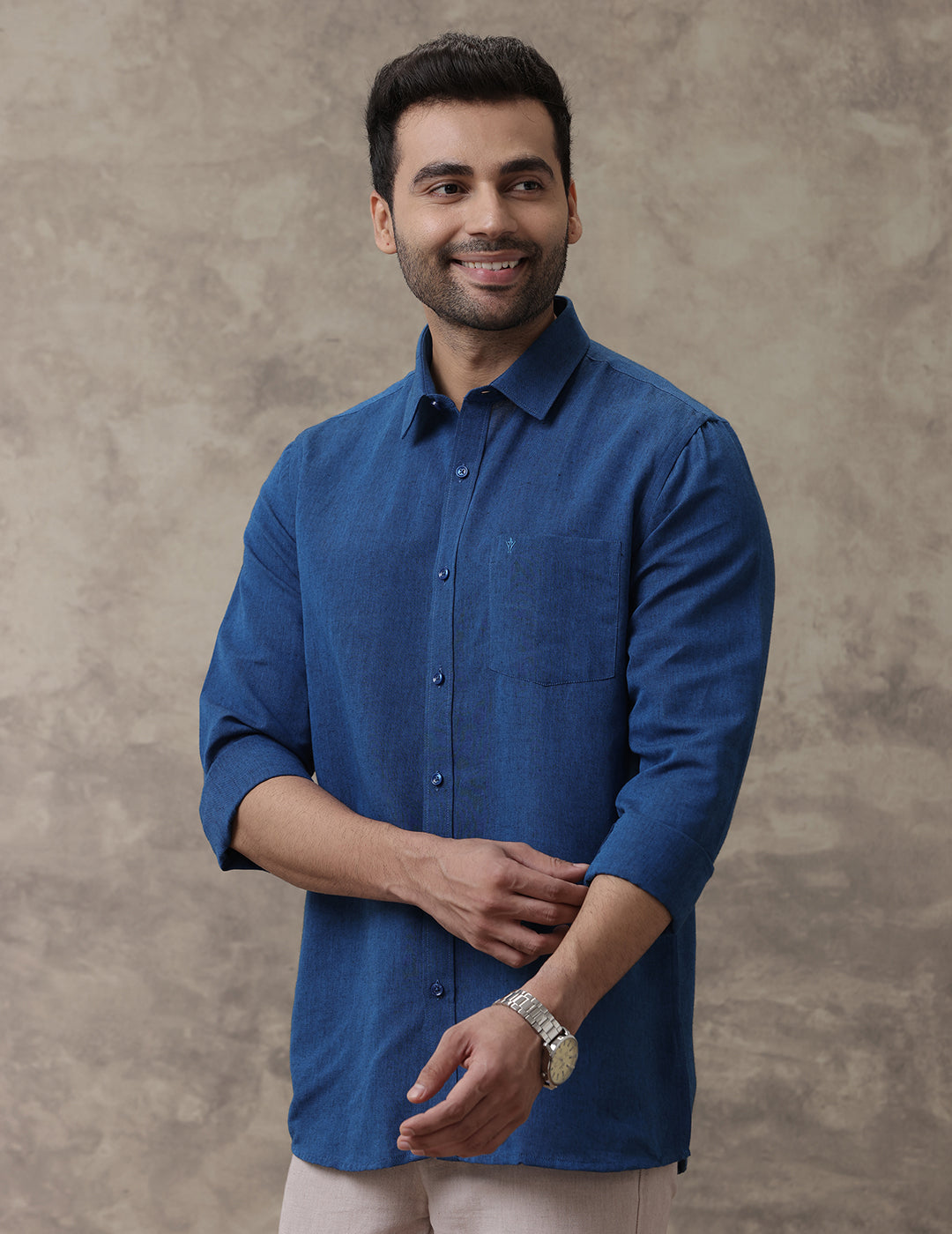 Men Linen Cotton Shirt Dark Blue LF15