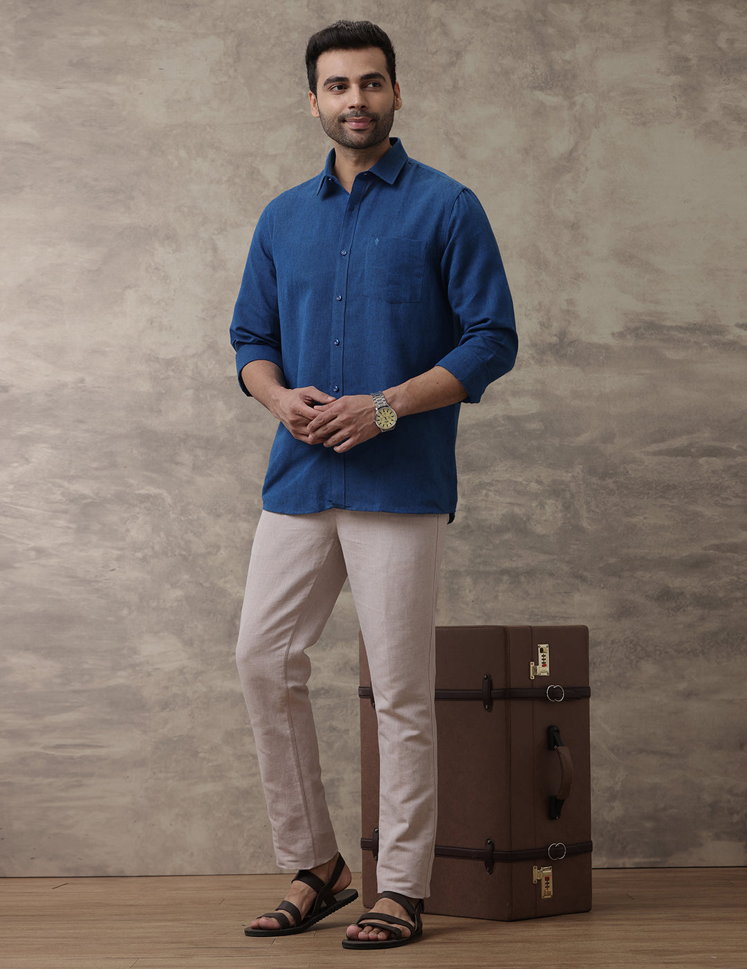 Men Linen Cotton Shirt Dark Blue LF15