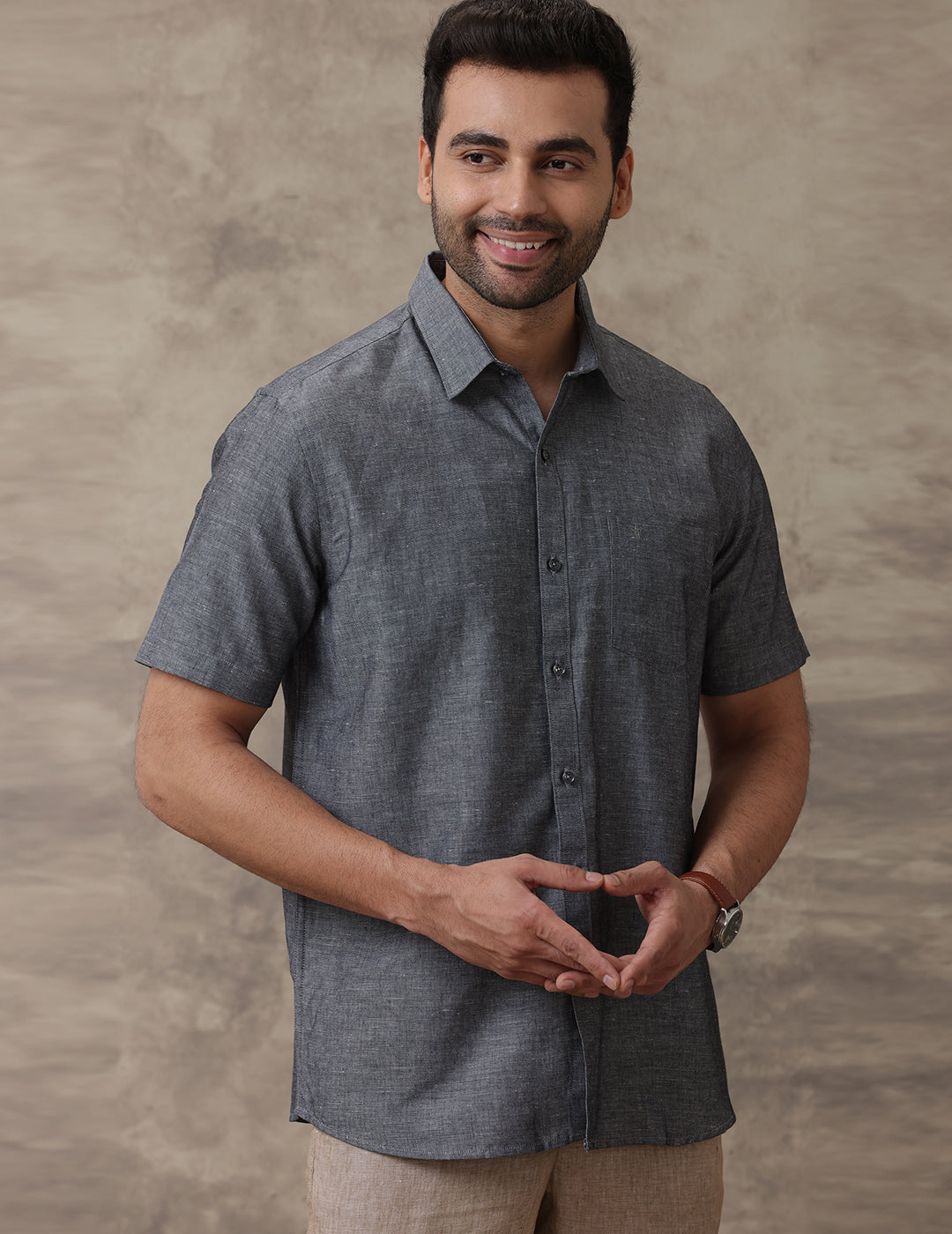 Men Linen Cotton Shirt Grey LF7