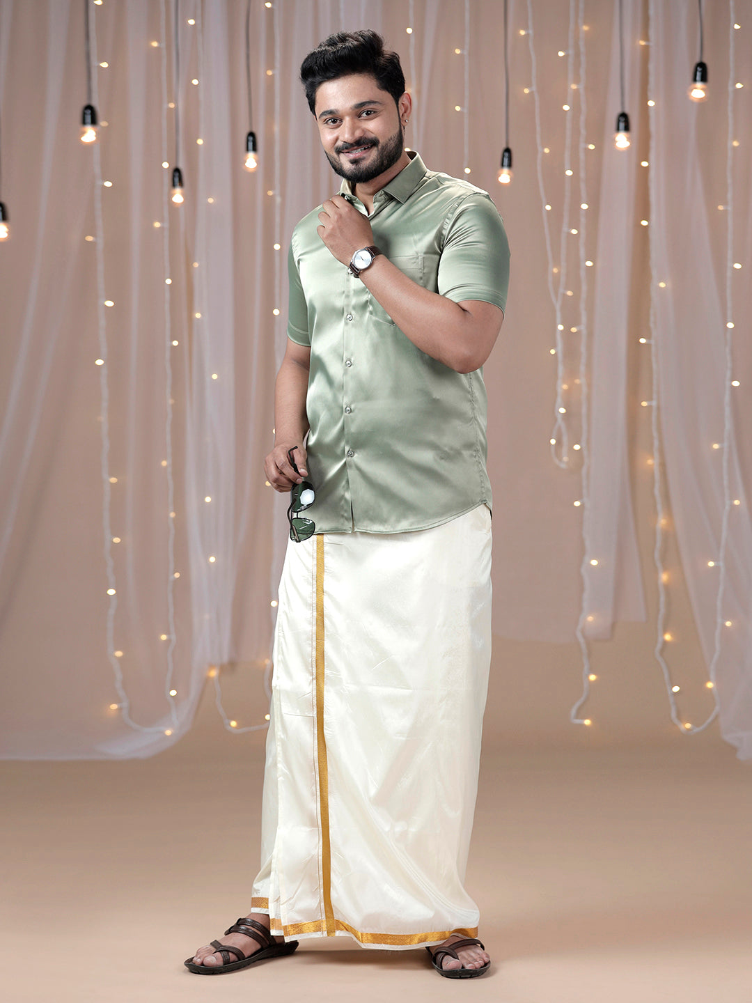 Mens Olive Green Half Sleeves Shirt with Art Silk Double Dhoti Combo PS1-Front view