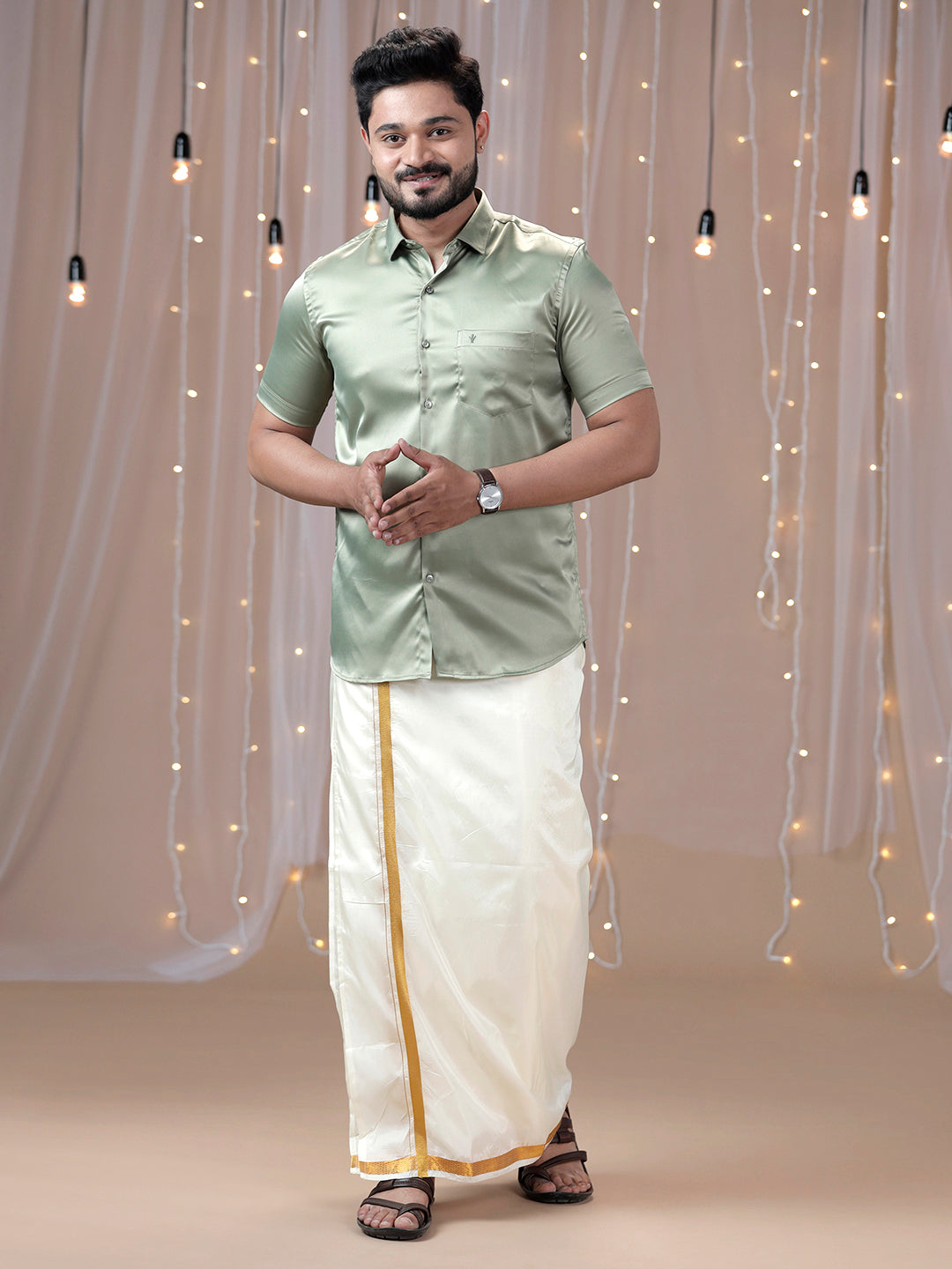 Mens Olive Green Half Sleeves Shirt with Art Silk Double Dhoti Combo PS1