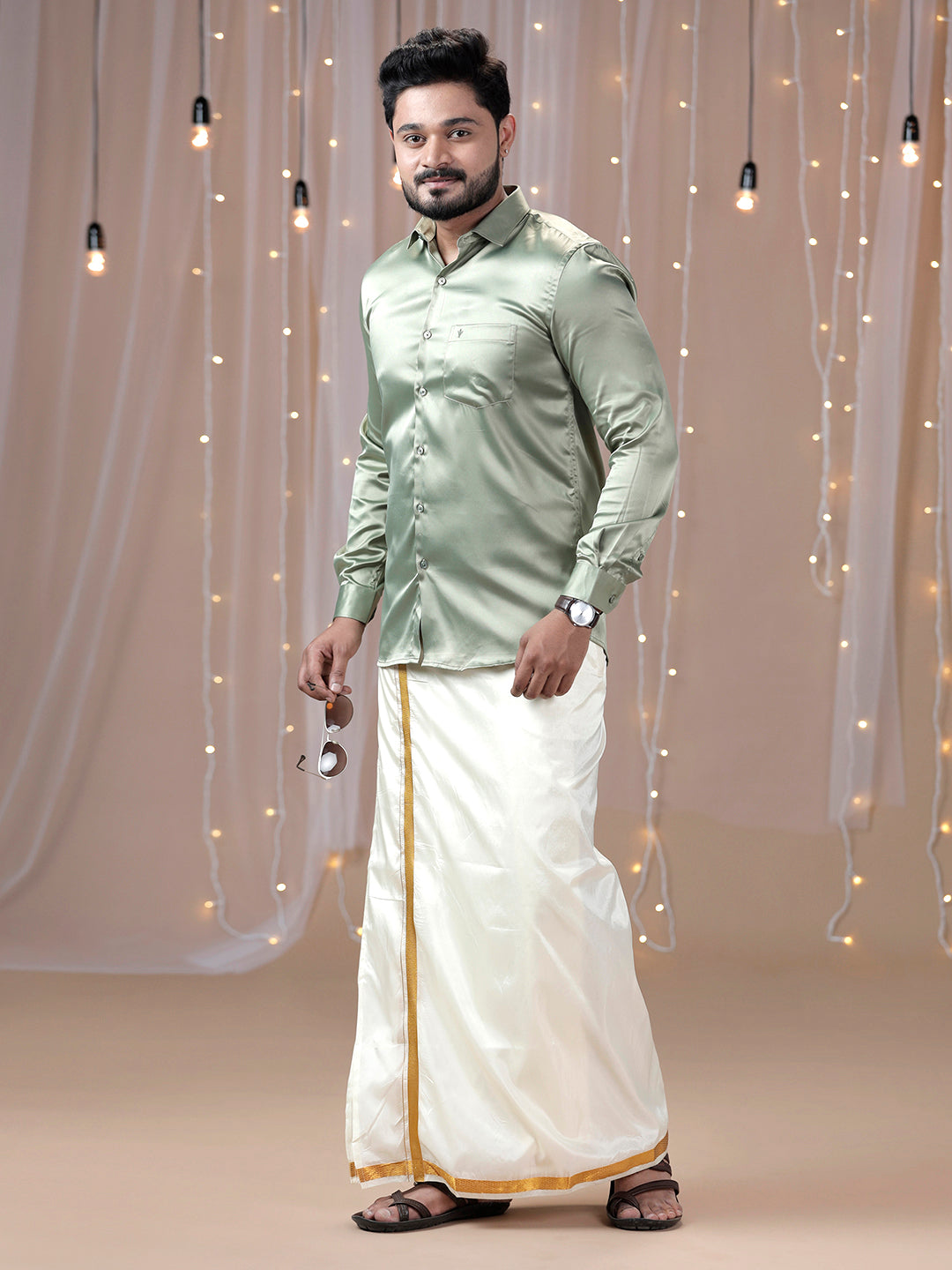 Mens Olive Green Full Sleeves Shirt with Art Silk Double Dhoti Combo PS1--Side view