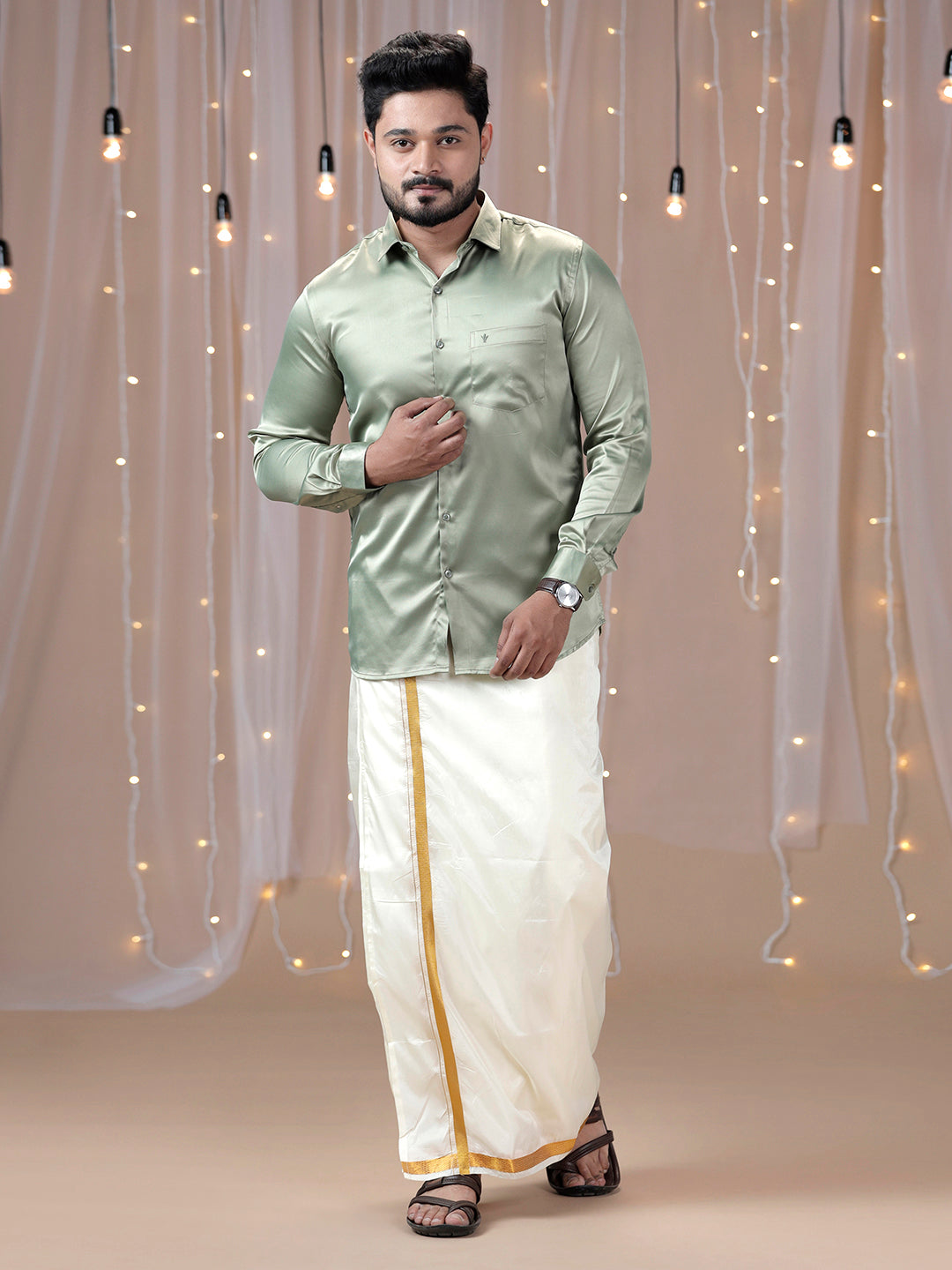 Men Olive Green Full Sleeves Shirt with Art Silk Double Layer Dhoti Combo PS1