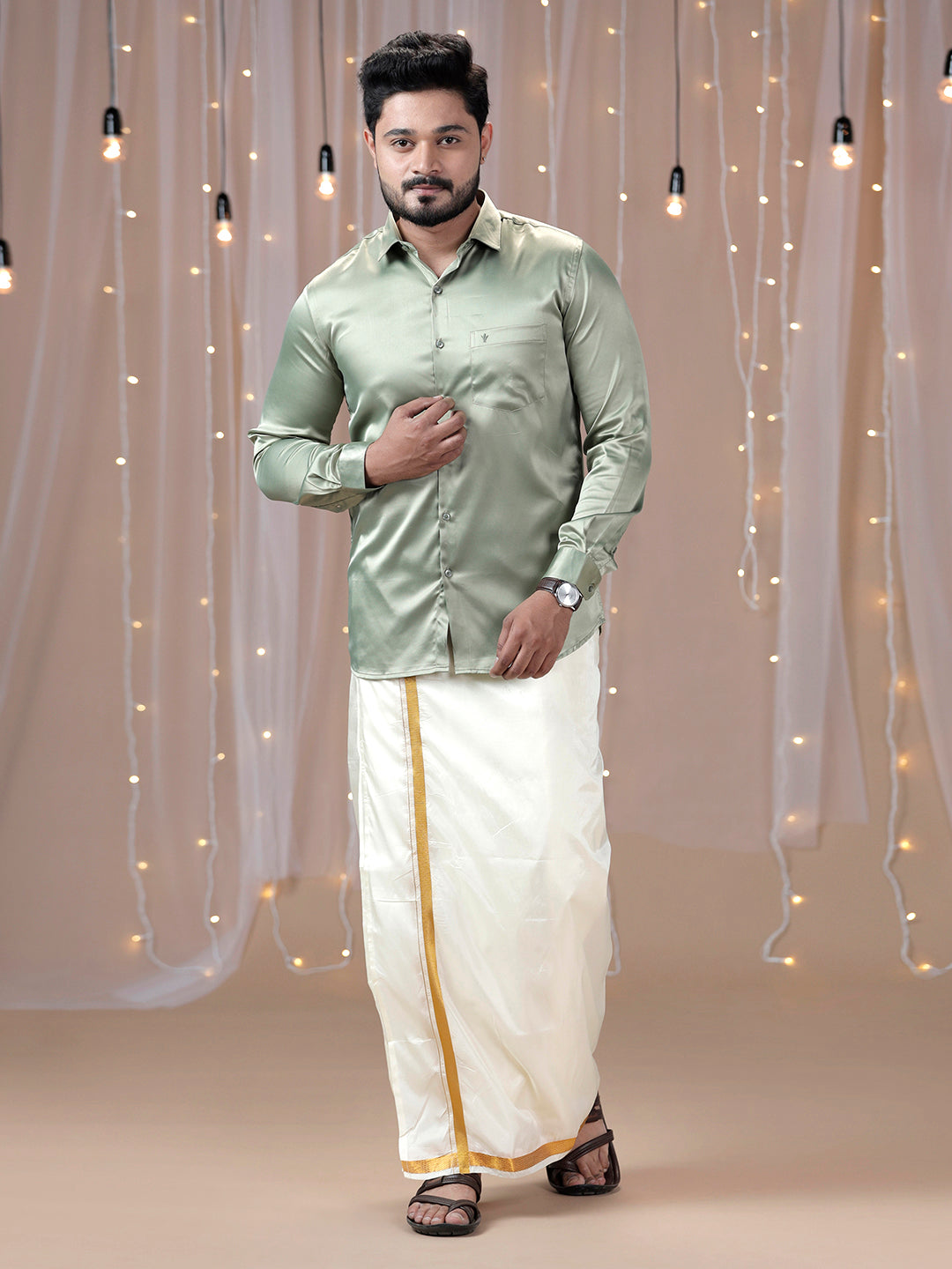 Mens Olive Green Full Sleeves Shirt with Art Silk Double Dhoti Combo PS1