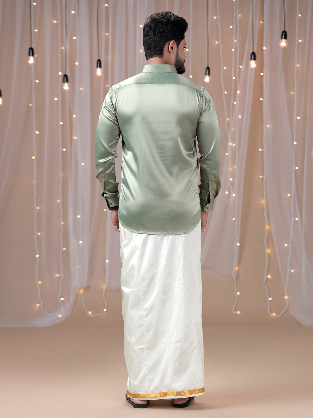 Mens Olive Green Full Sleeves Shirt with Art Silk Double Dhoti Combo PS1-Back view